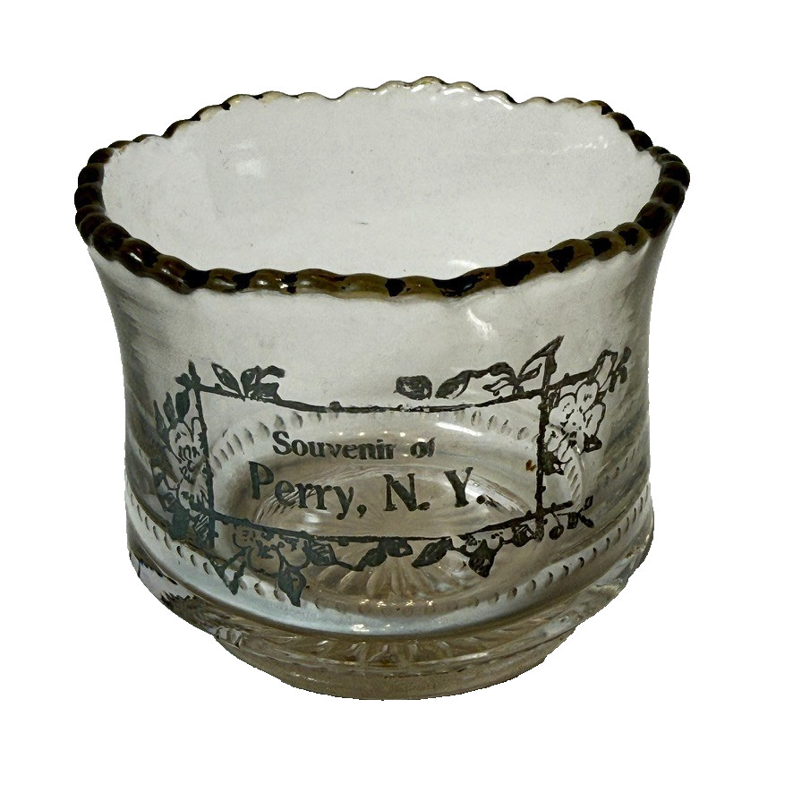 PERRY NY NEW YORK ANTIQUE Souvenir DEPRESSION WHITE Glass TRINKET CUP