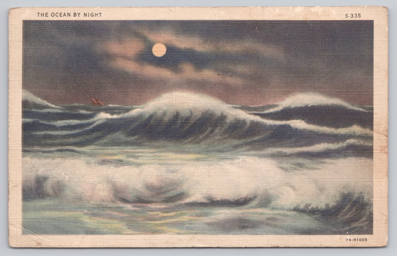 Vintage 1936 THE OCEAN BY NIGHT Linen Postcard - Machias Maine Postmark