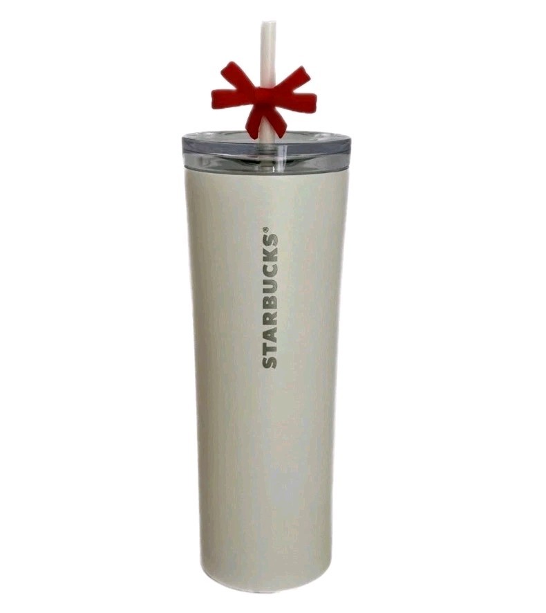 Starbucks 2025 White SS Cold Cup Tumbler 20oz w/ Red Bow Topper Ltd Edition NWT
