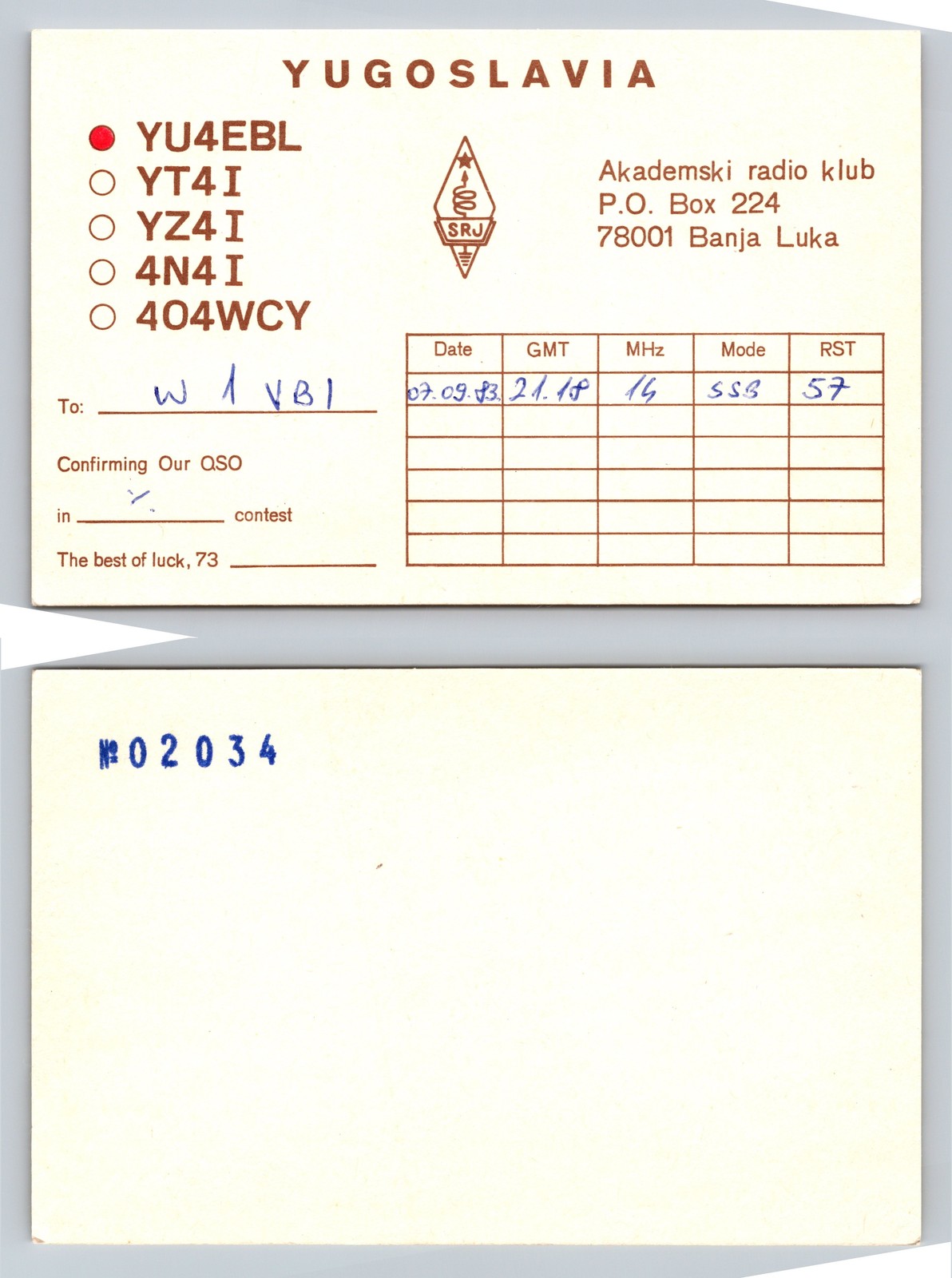Ham Radio QSL QSO Postcard YU4EBL, Banja Luka, Republika Srpska, Yugoslavia Ham Radio QSL QSO Postcard YU4EBL, Banja Luka, Republika Srpska, Yugoslavia