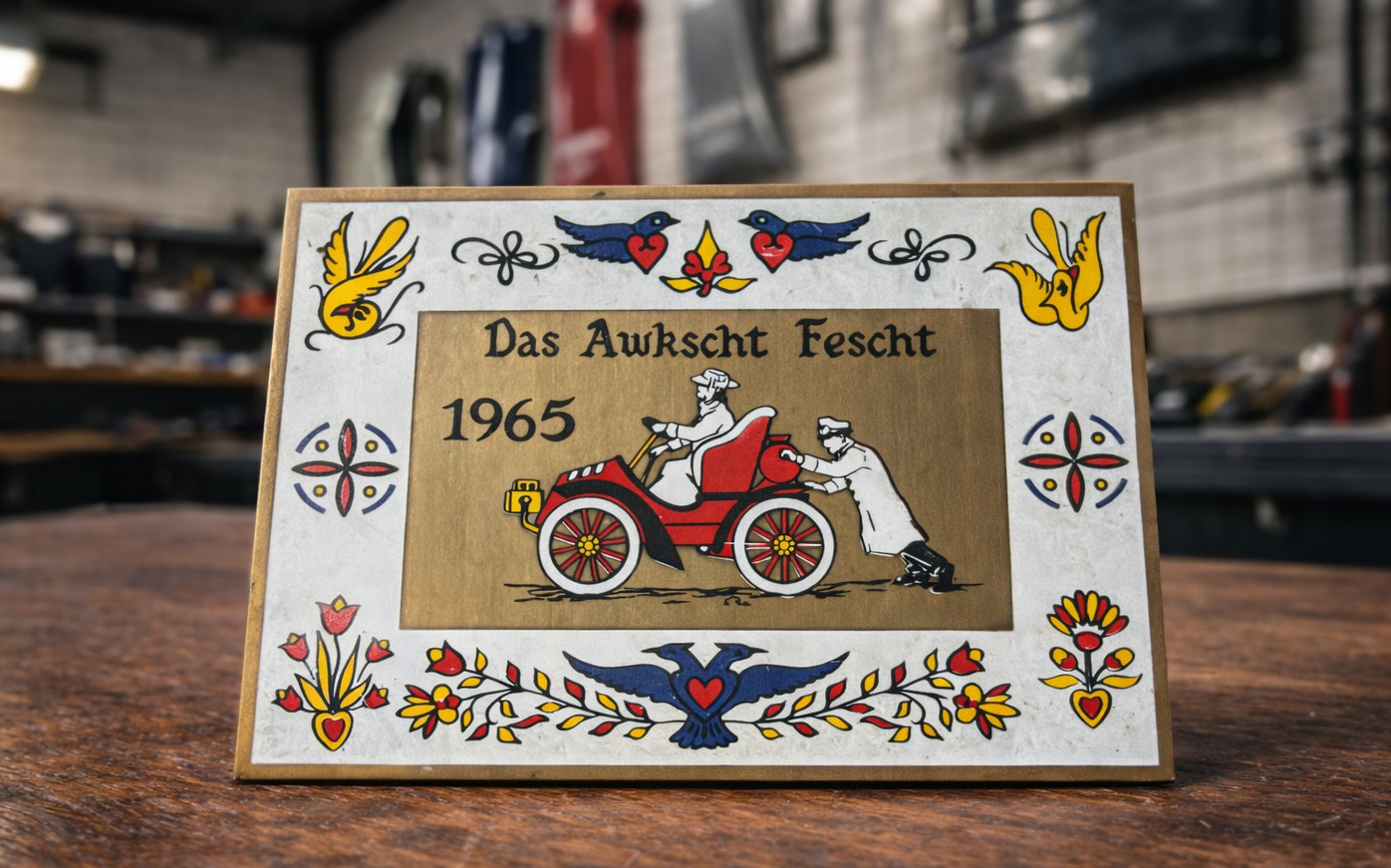 1965 Das Awkscht Fescht Folk Art Plaque Macungie PA Antique Auto Festival