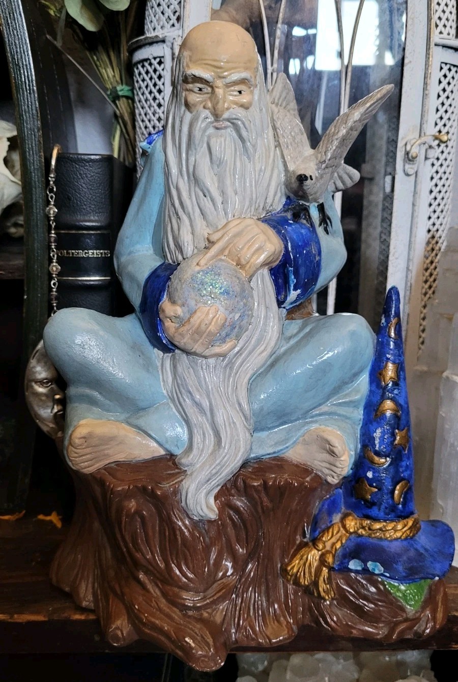 1960s Vintage Wizard Merlin Blue Ceramic Large Fantasy Figurine Whimsical Decor