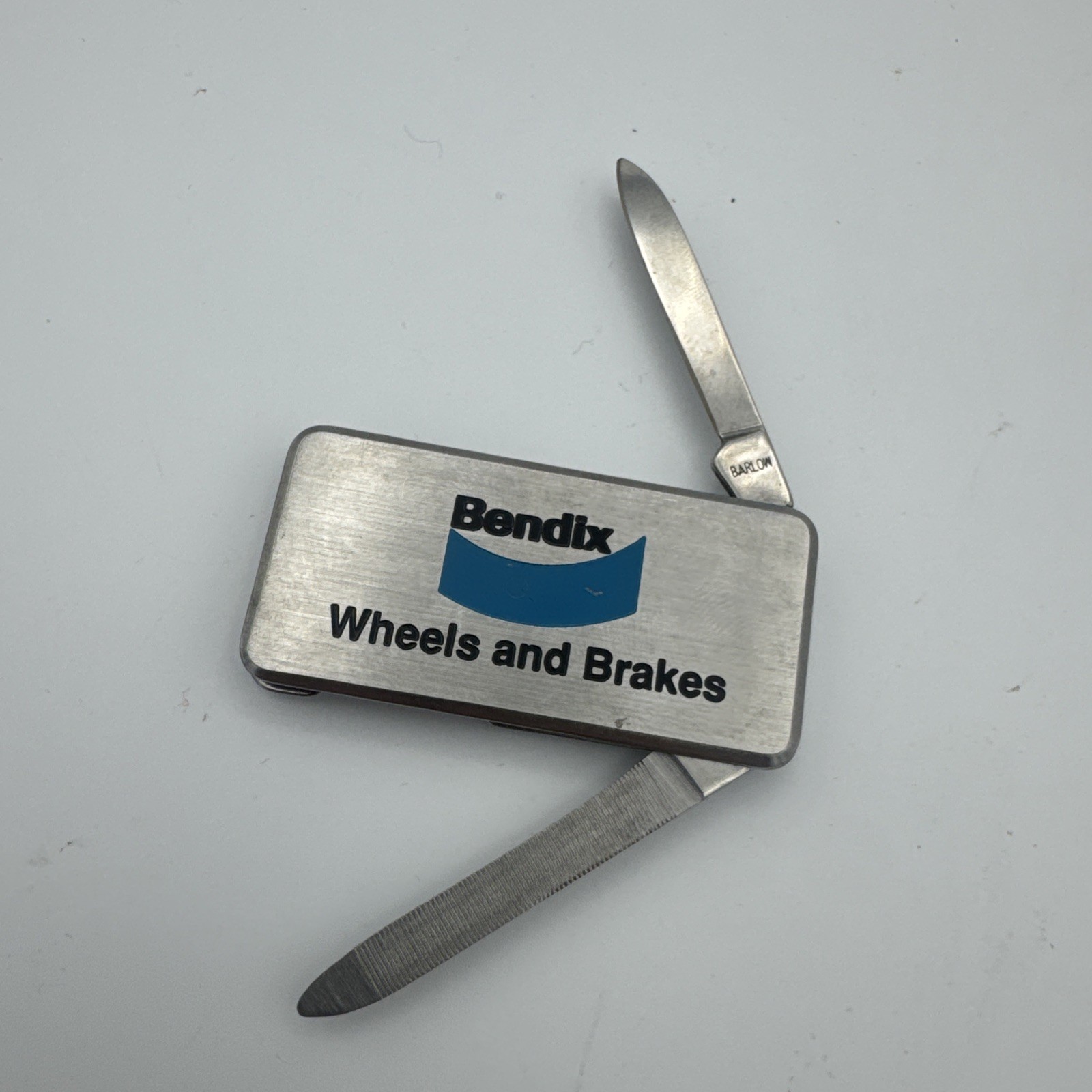 Vintage Bendix Wheels and Brakes Silver Tone Money Clip w/ Knife And File