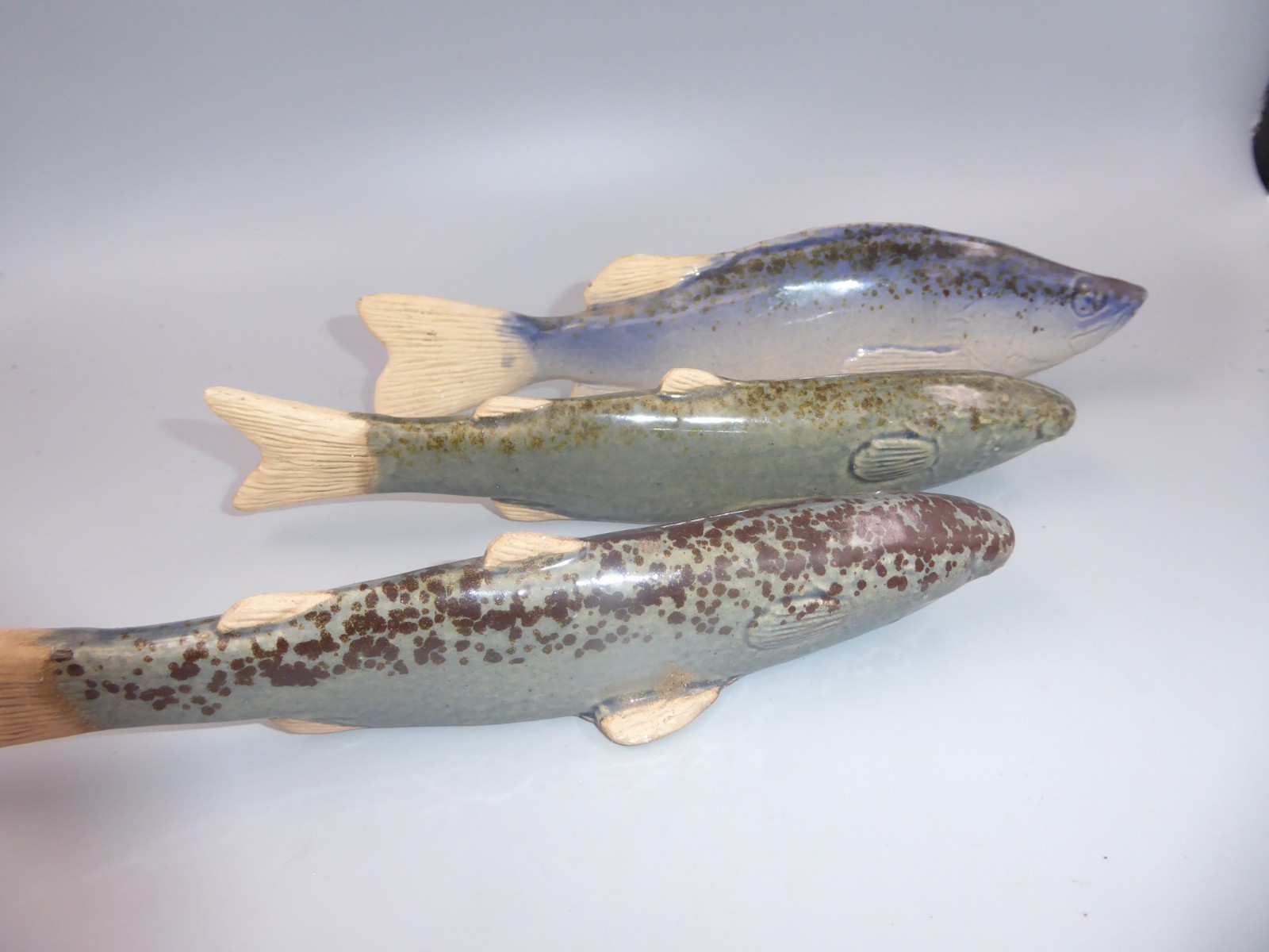 TRIO OF HANDCRAFTED CERAMIC POTTERY GLAZED SPOTTED TROUT FISH  FIGURINES