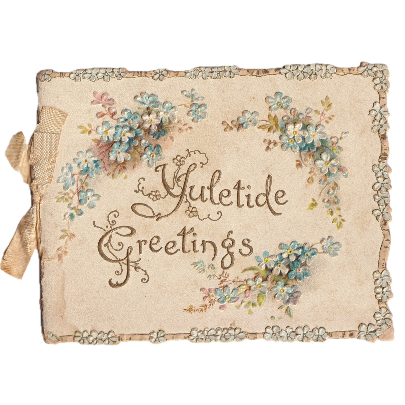 Antique Victorian Christmas Yuletide Greetings Booklet Silk Cord Forget Me Nots