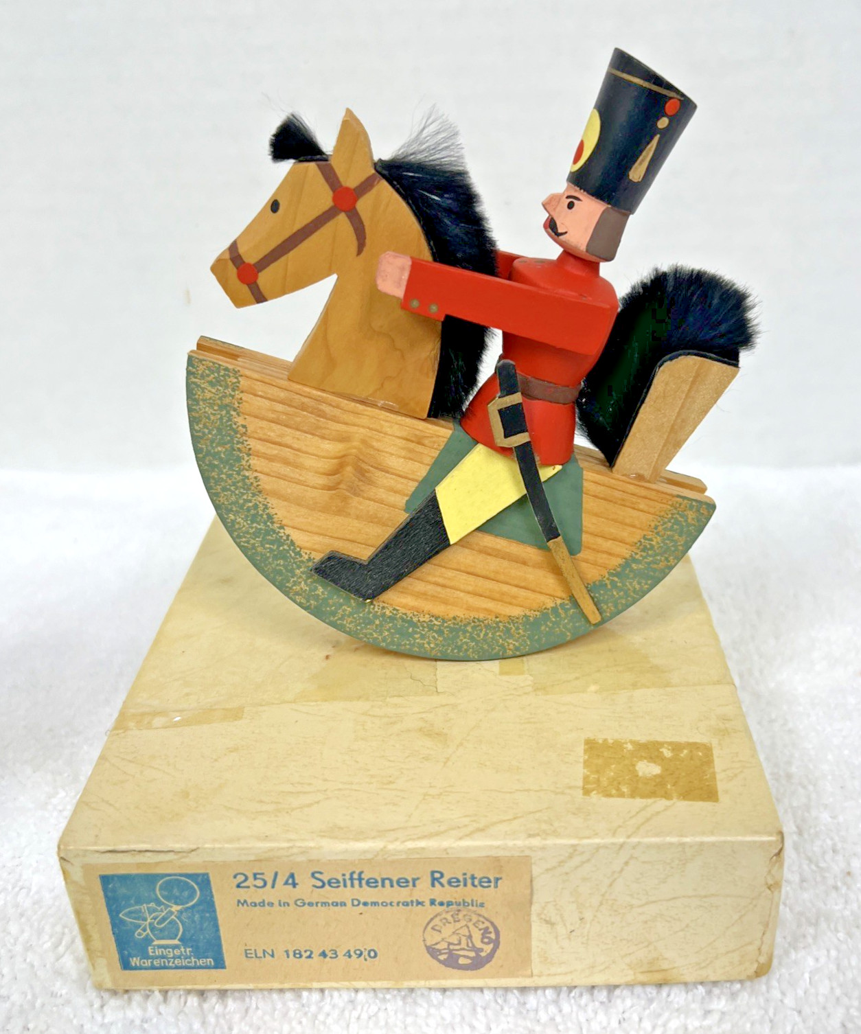 Vintage Seiffener Reiter Red Black German Soldier Rocking Horse Original Box A