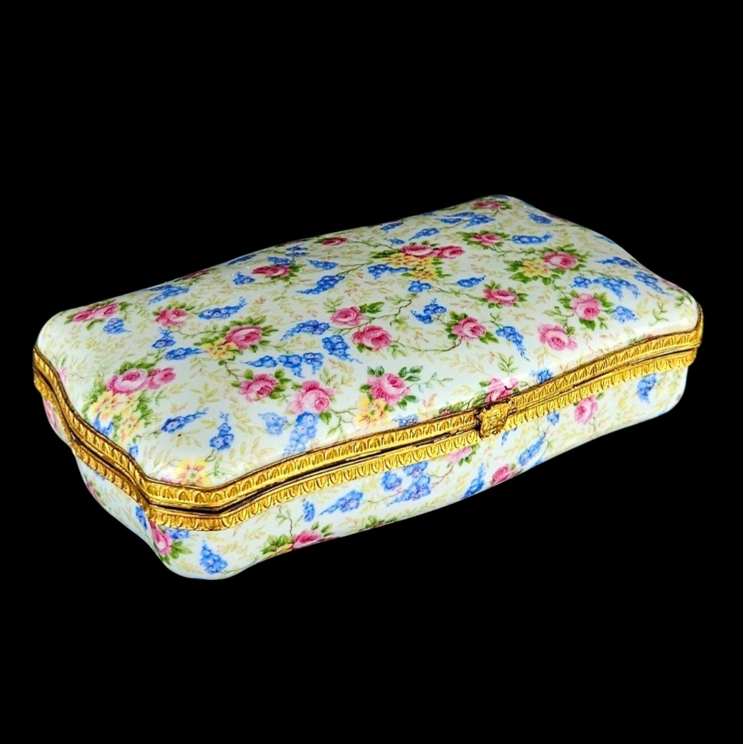 Vintage Italian Capodimonte Porcelain Floral Roses Gilt Mount Box
