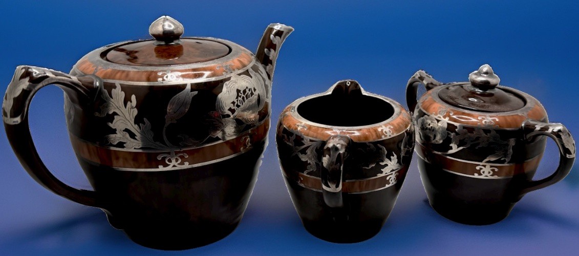 Beautiful  Brown Porcelain Pot Creamer And Sugar Set With  Silver Overlay