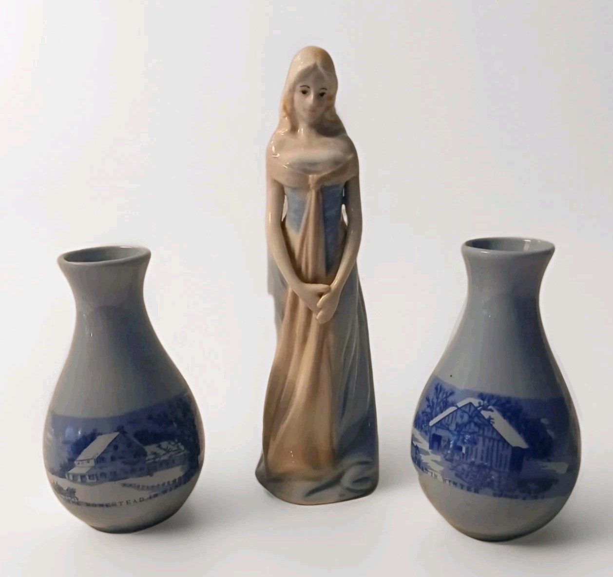 Vintage Lipco Blue & White Vases & Porcelain Lady Figurine Display Set