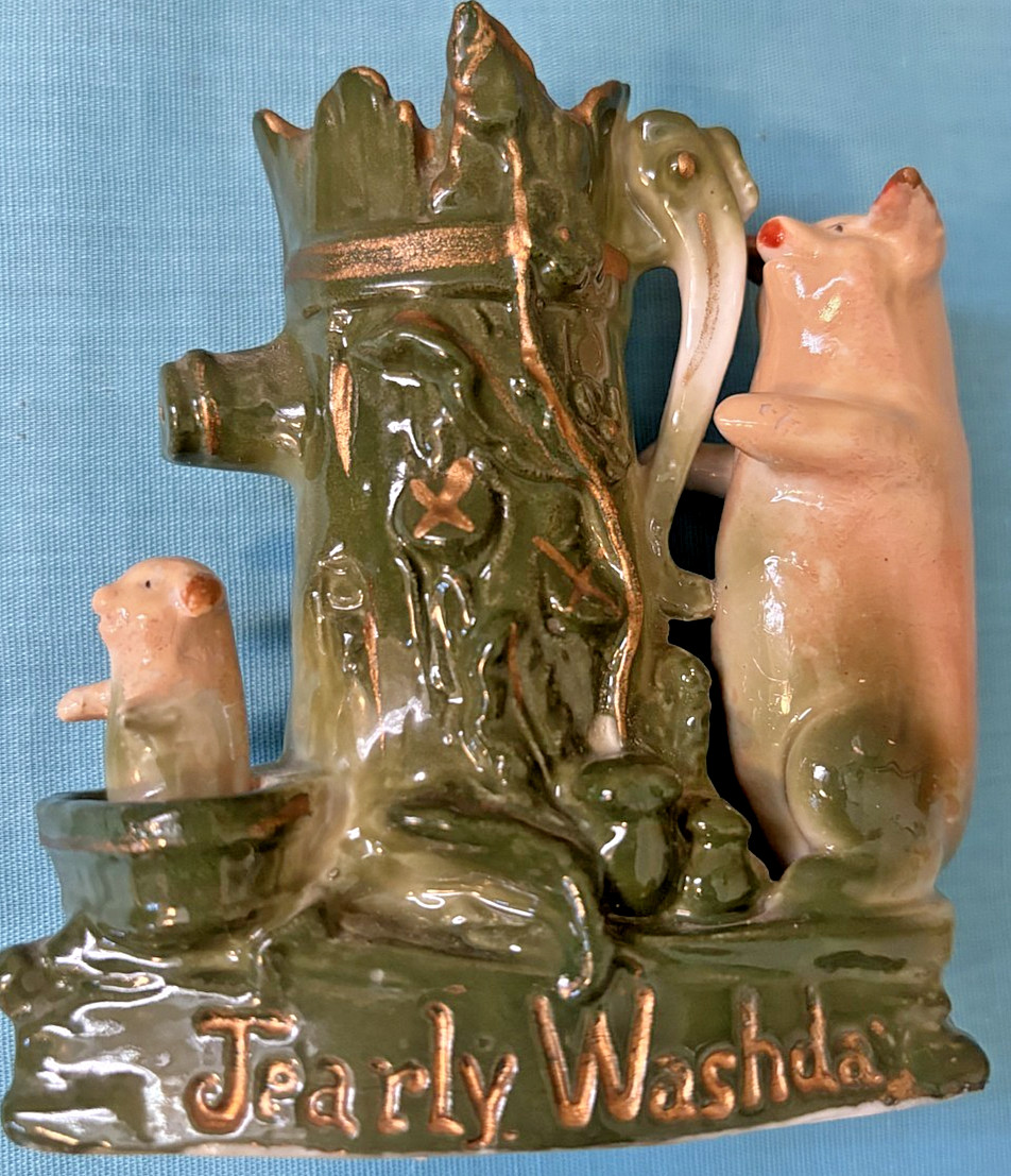 Antique Porcelain RARE Fairings PINK PIG Mother Washing Baby at Water Pump 4X4 Antique Porcelain RARE Fairings PINK PIG Mother Washing Baby at Water Pump 4X4