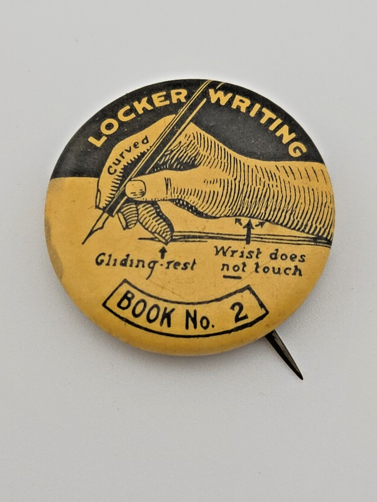 Antique Penmanship Pinback Badge Locker Writing Bk No. 2 Handwriting Calligraphy