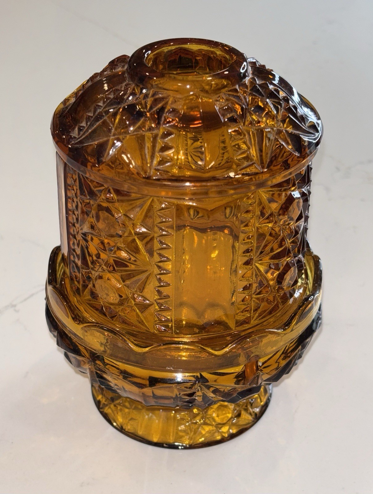 VTG Indiana Glass Amber Stars & Bars Fairy Lamp Light Candle Holder