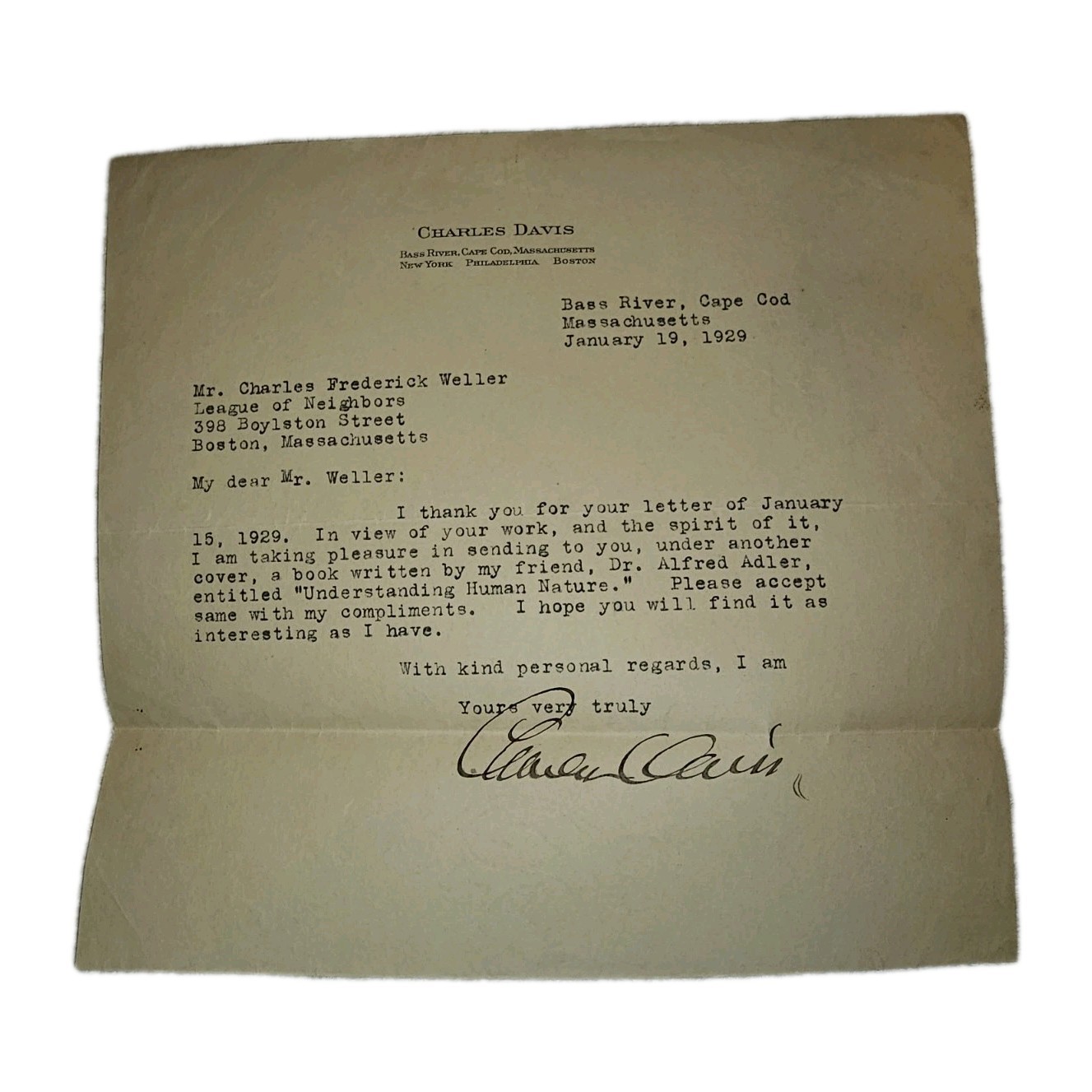 1929 Charles Davis Letter Re Alfred Adler Book to Reformer C.F. Weller Signed