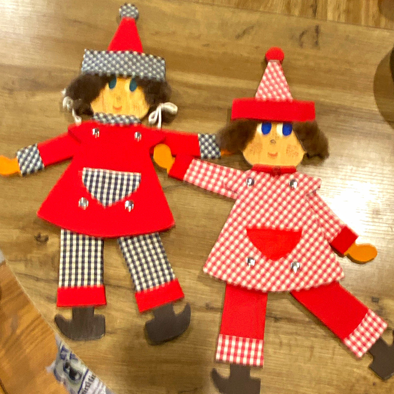 Two Unique Vintage Jointed Clowns  17 in, Puppets /Wall Decor Gingham Outfits 