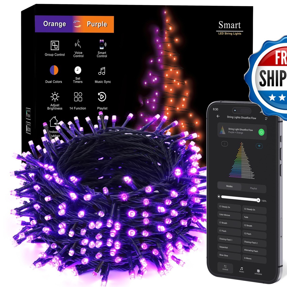 Brizled Smart Halloween Lights 300 LED 98FT Orange & Purple Color Changing Brizled Smart Halloween Lights 300 LED 98FT Orange & Purple Color Changing