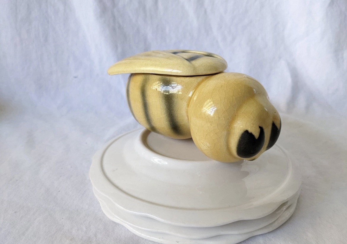 Vintage Yellow Black Honey Bee Honey Pot  with Lid Japan EUC