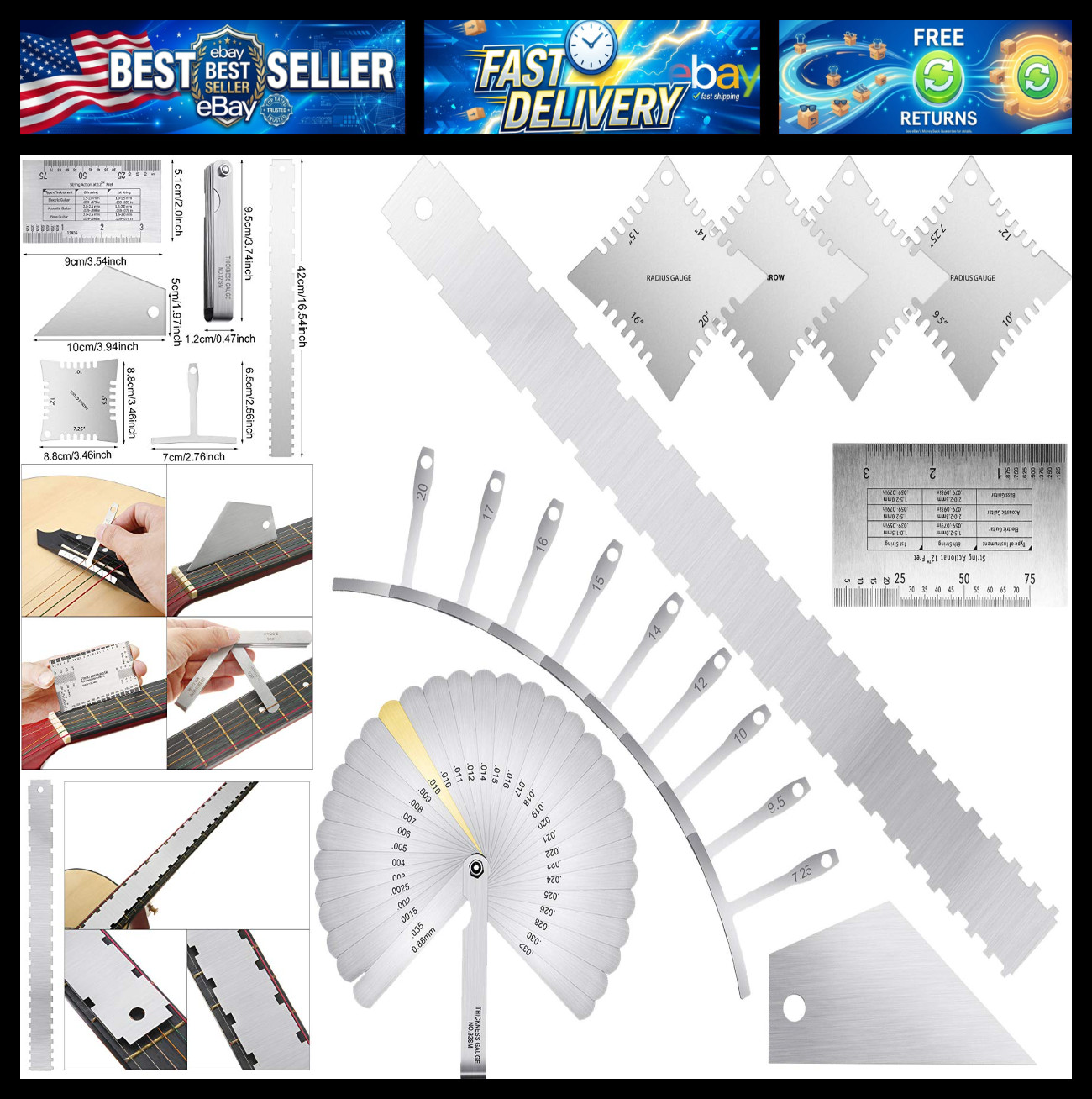 Mudder 17 Pieces Guitar Luthier Tools Set Setup Kit Include Radius Gauge String