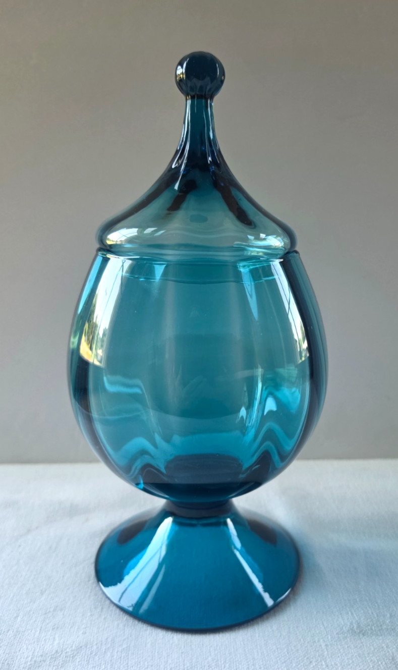 Vintage Teal Blue Circus Tent Lid Candy Dish Jar... Ribbed...Very Nice Vintage Teal Blue Circus Tent Lid Candy Dish Jar... Ribbed...Very Nice