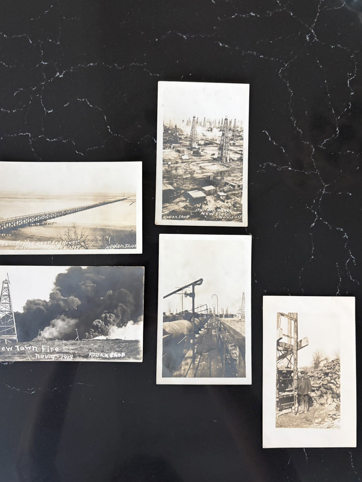 5 RPPC Burk Burnett Texas Oil Boom 1918 1919 Fire Oil Wells Red River Kodak Shop