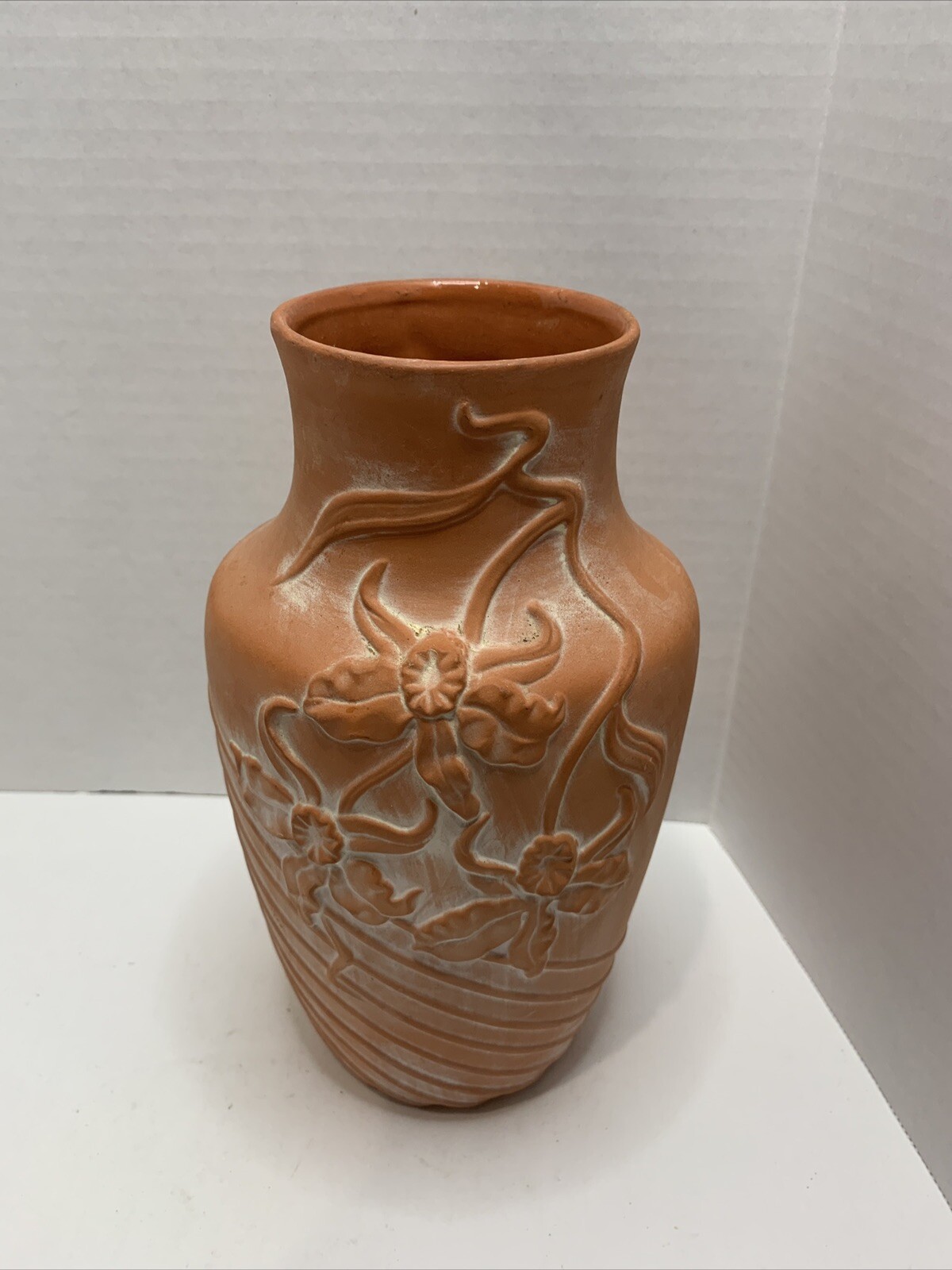 Vintage Decor Terra Cotta Floral Vase Or Planter 9.5” x 5”