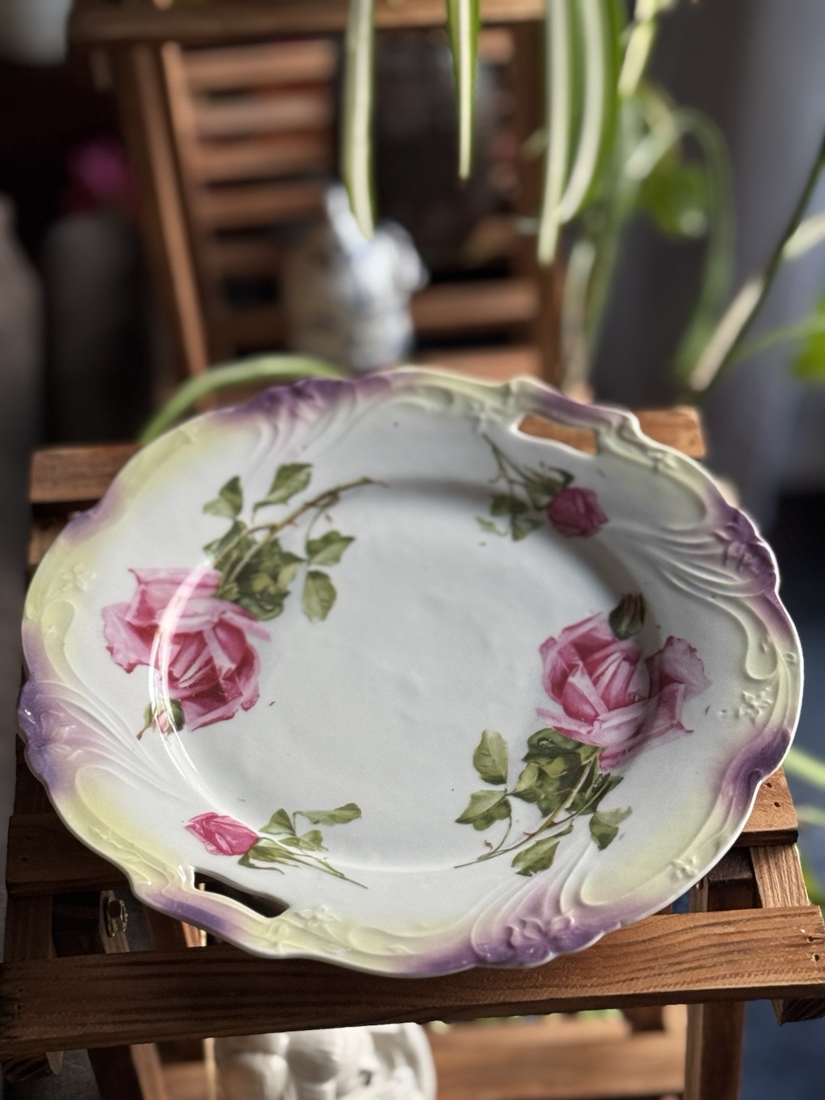 Vintage German Lusterware Porcelain Handled Serving Plate Rose Design