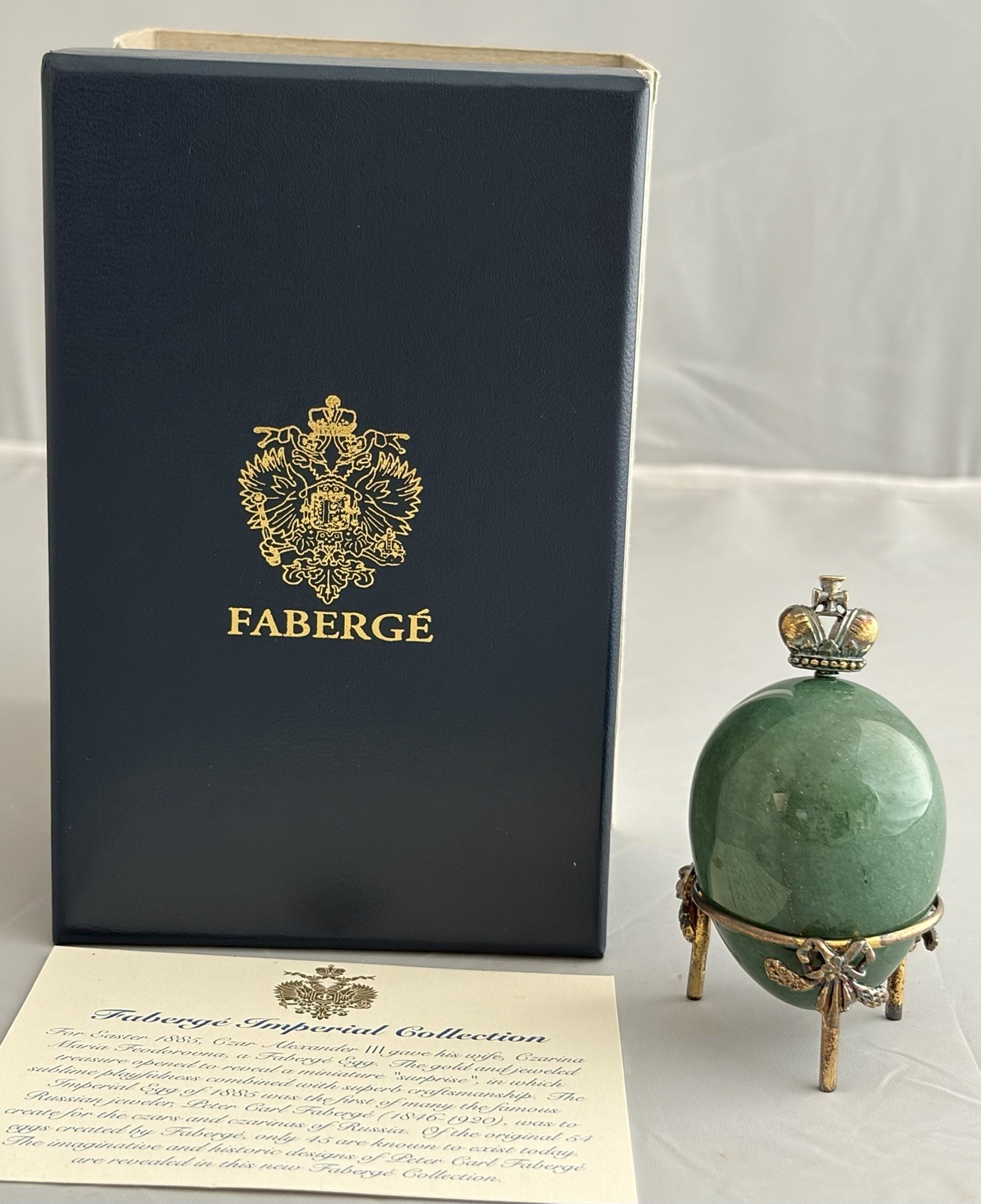 RARE FABERGE IMPERIAL GREEN AVENTURINE MINI GEMSTONE EGG STAND MARKED 925 MIB