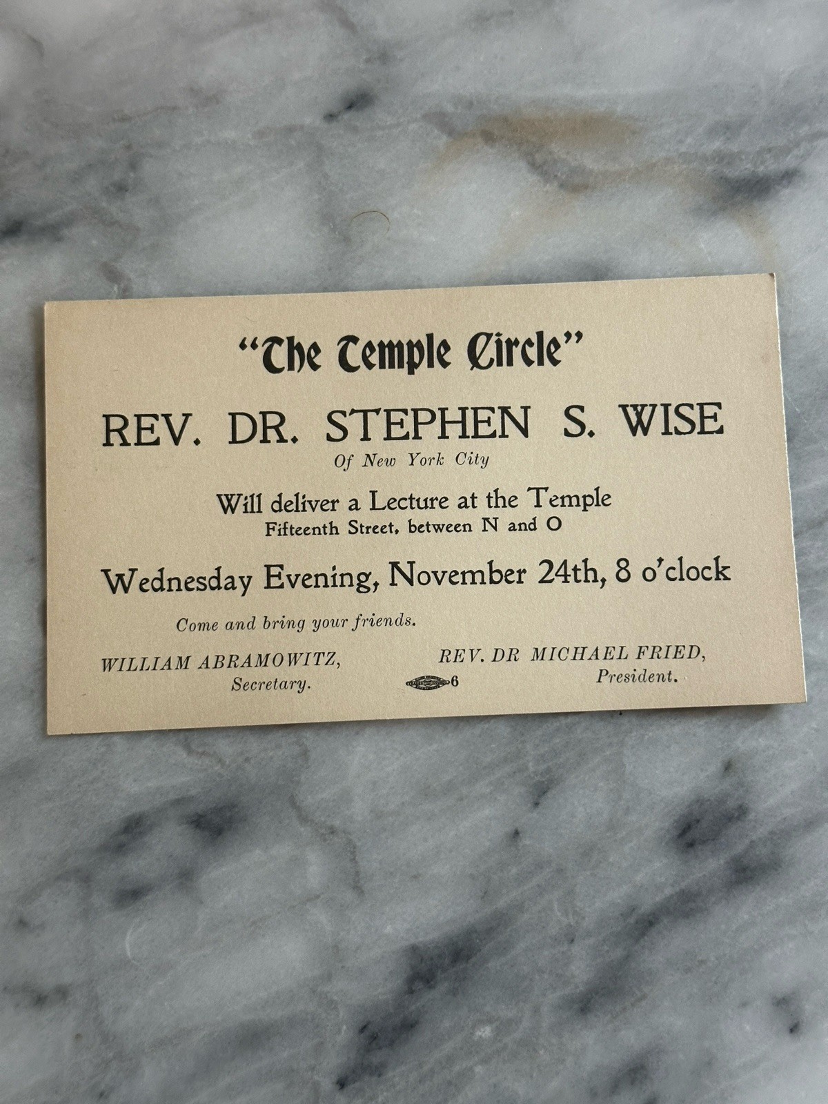 Rev Dr Stephen S Wise Temple Circle Postal Card Lecture Invitation NYC c1905