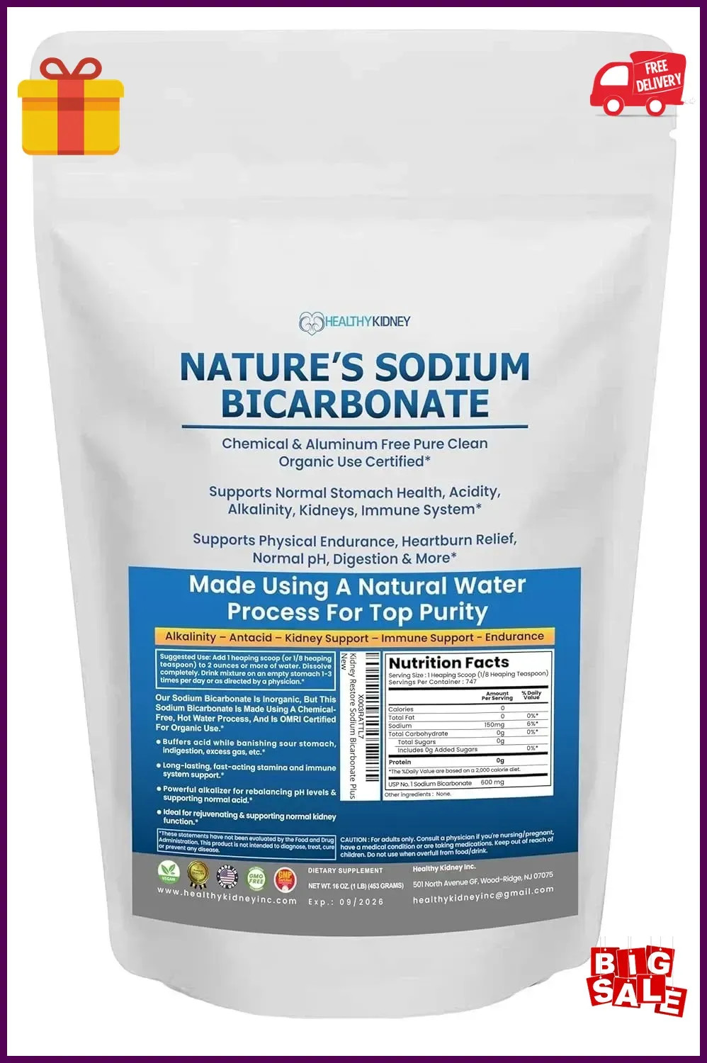 Nature’S Sodium Bicarbonate Organic Use Aluminum Free Baking Soda. No Chemical P