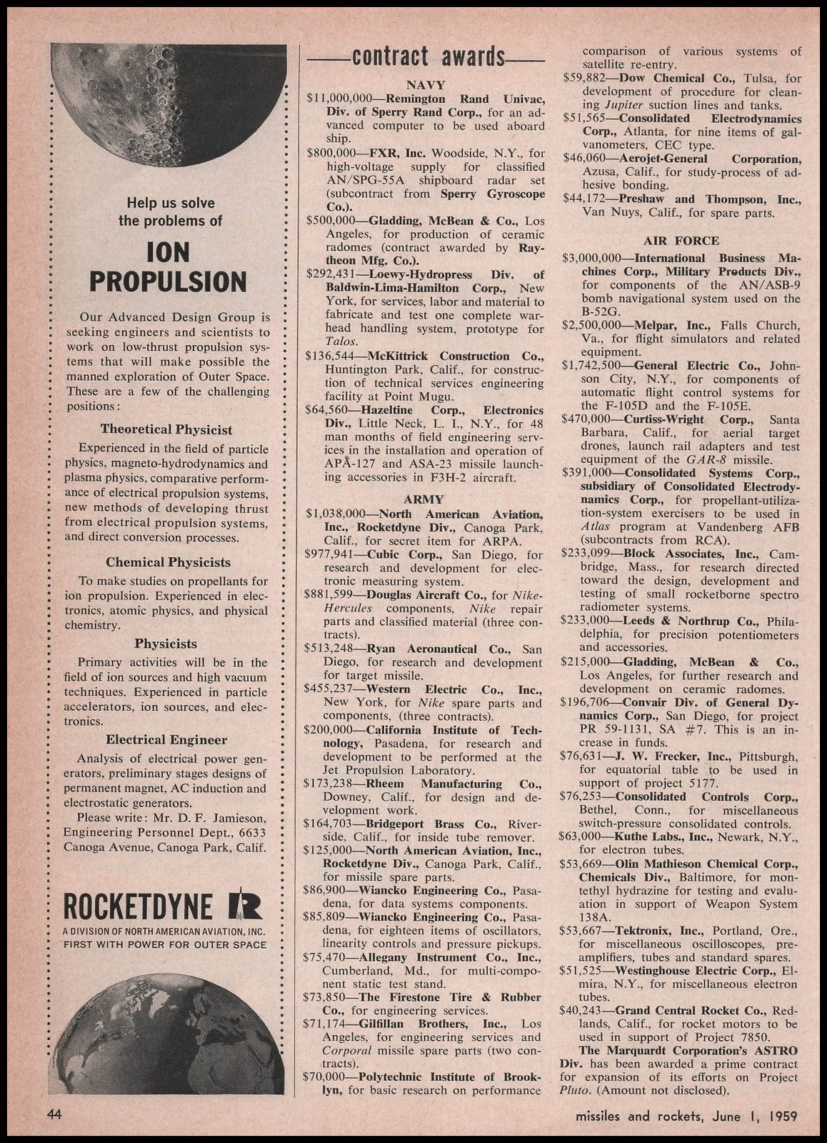 1959 Rocketdyne Canoga Park California Ion Propulsion Engineers Wanted Print Ad