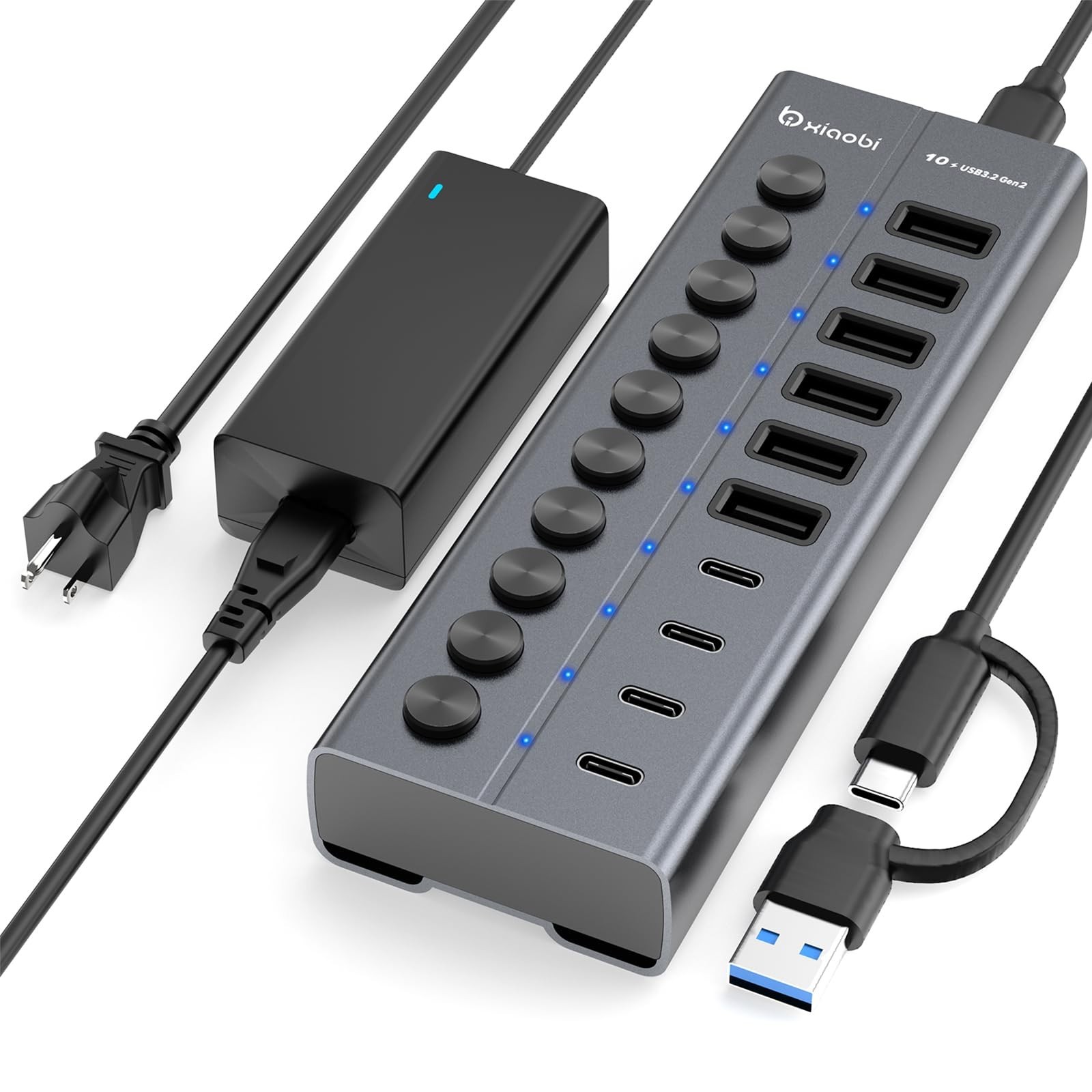Powered USB Hub, 10-Port USB C Hub with 6 USB-A 3.2, 4 USB-C 3.2 Ports, Indiv...
