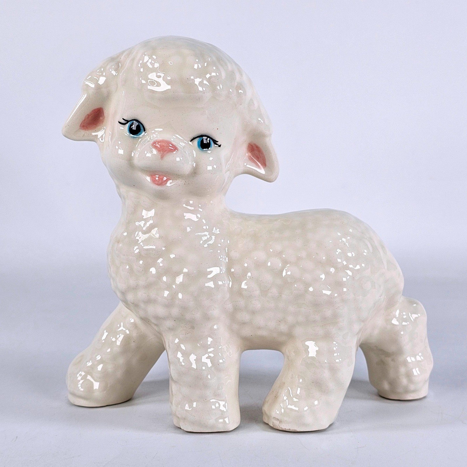 Vintage 1979 Ceramic Lamb Figurine Hand Painted Kitsch Nursery Decor 6 Inch