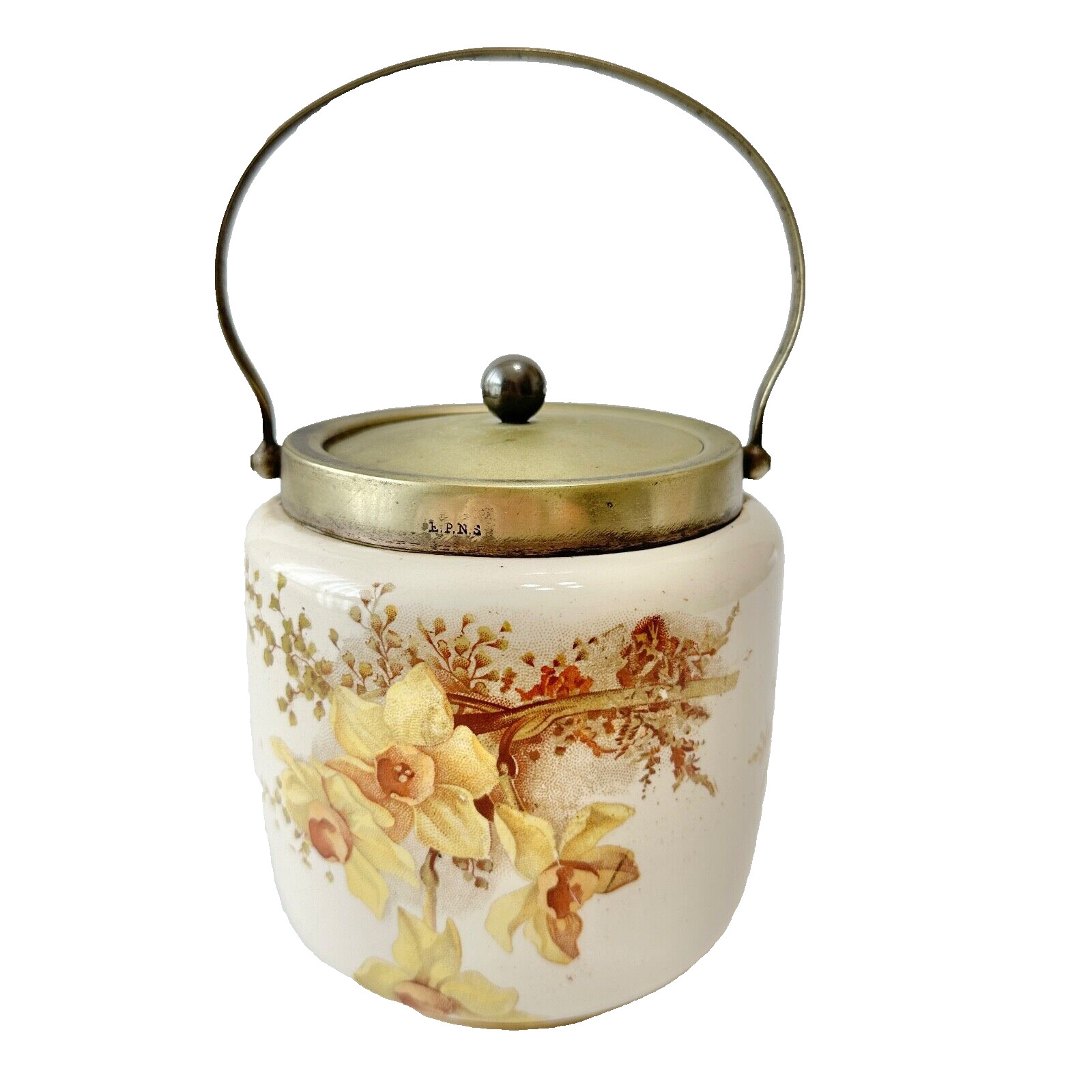 Antique William Wood & Co Porcelain Biscuit Jar Yellow Daffodil Floral England