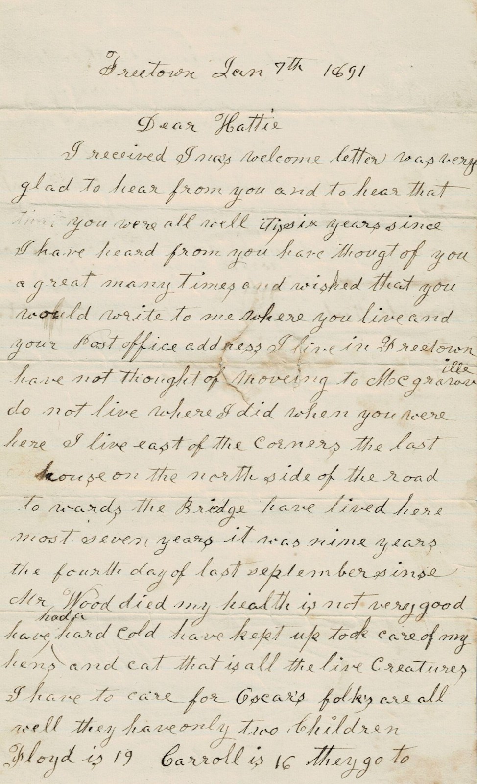 1891 Letter from Freetown, NY