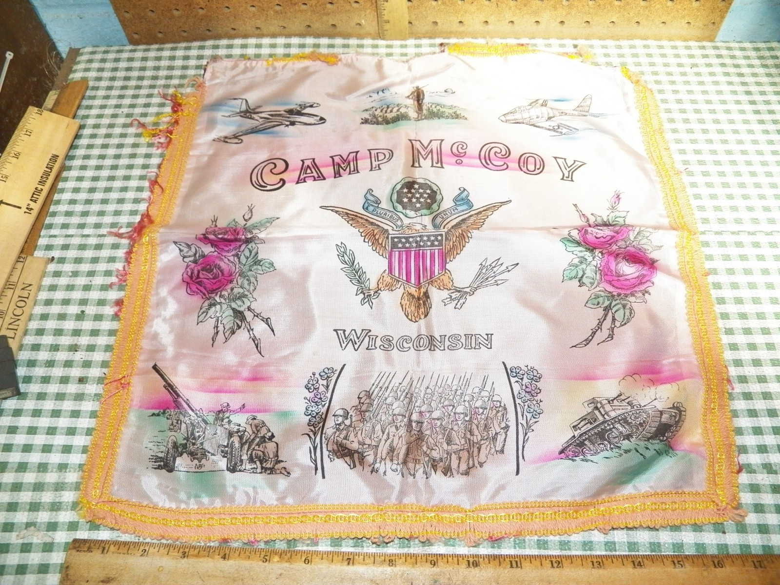 Vintage Military CAMP McCOY, WISCONSIN Sweetheart Silk Fringed Pillow Cover