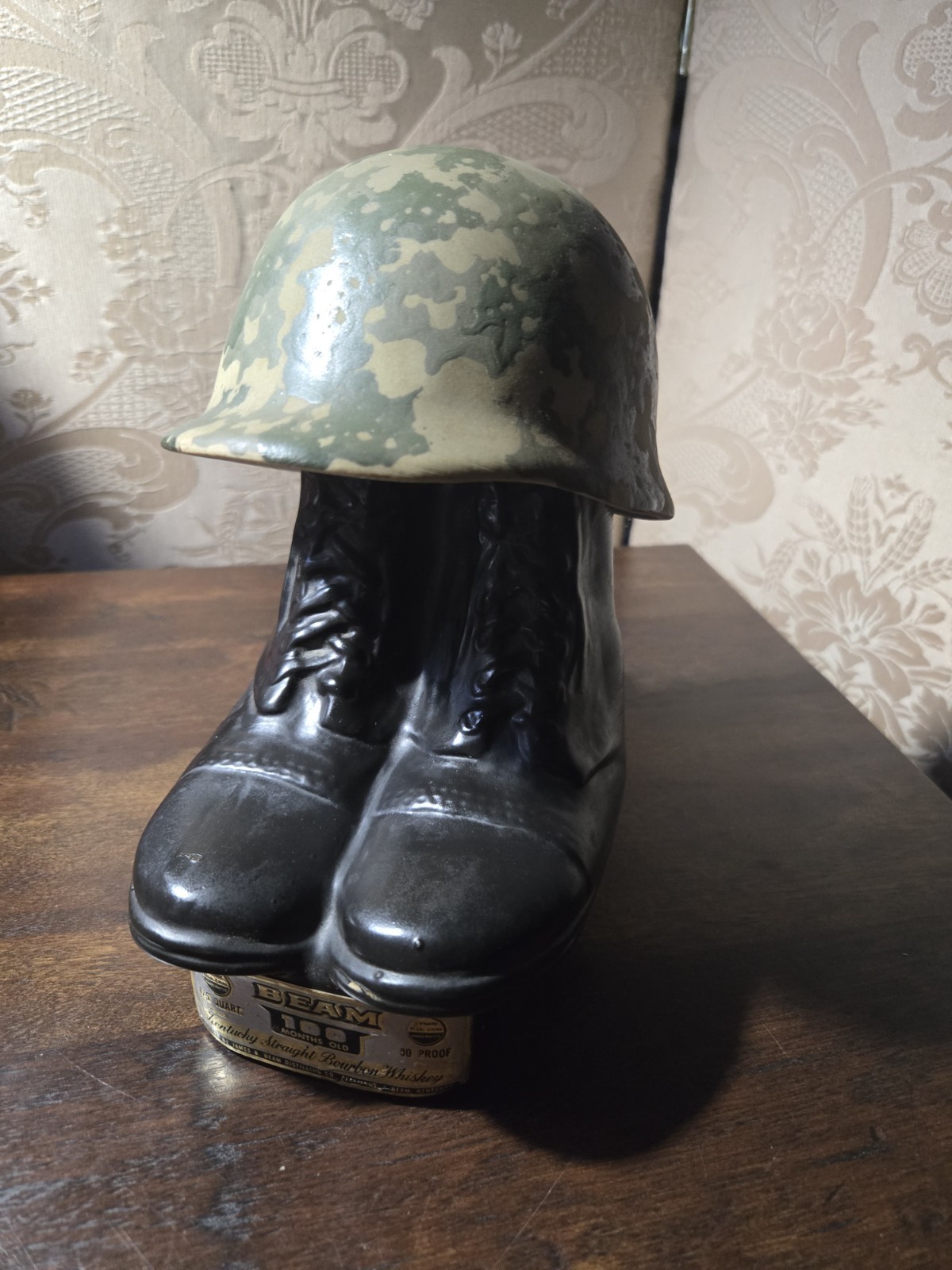 1975 Jim Beam Military Helmet Combat Boots Decanter 100 Months Whiskey EMPTY