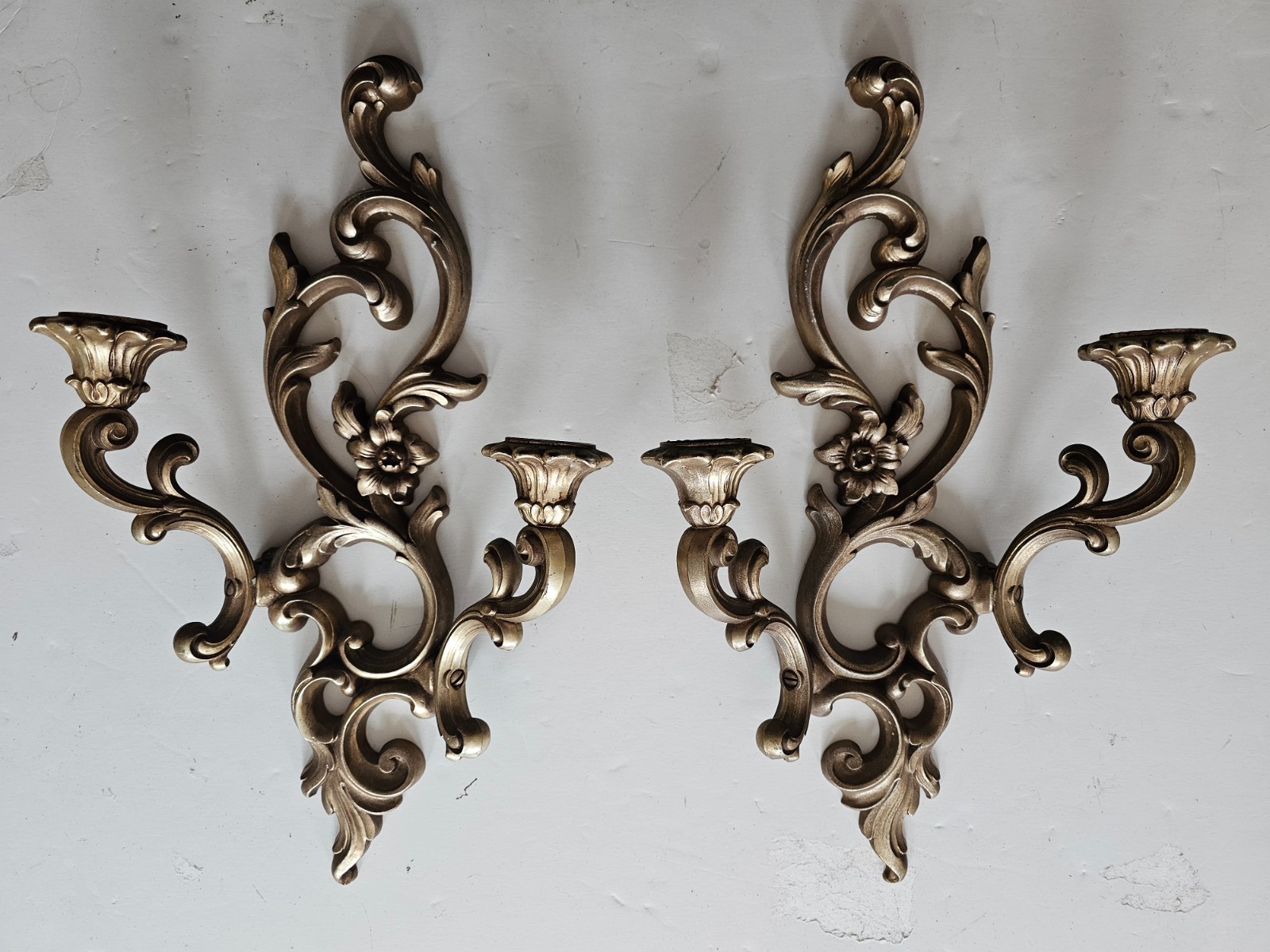 Pair 1959 Syroco Hollywood Regency Gold Wall Sconces Double Candle Holders MCM