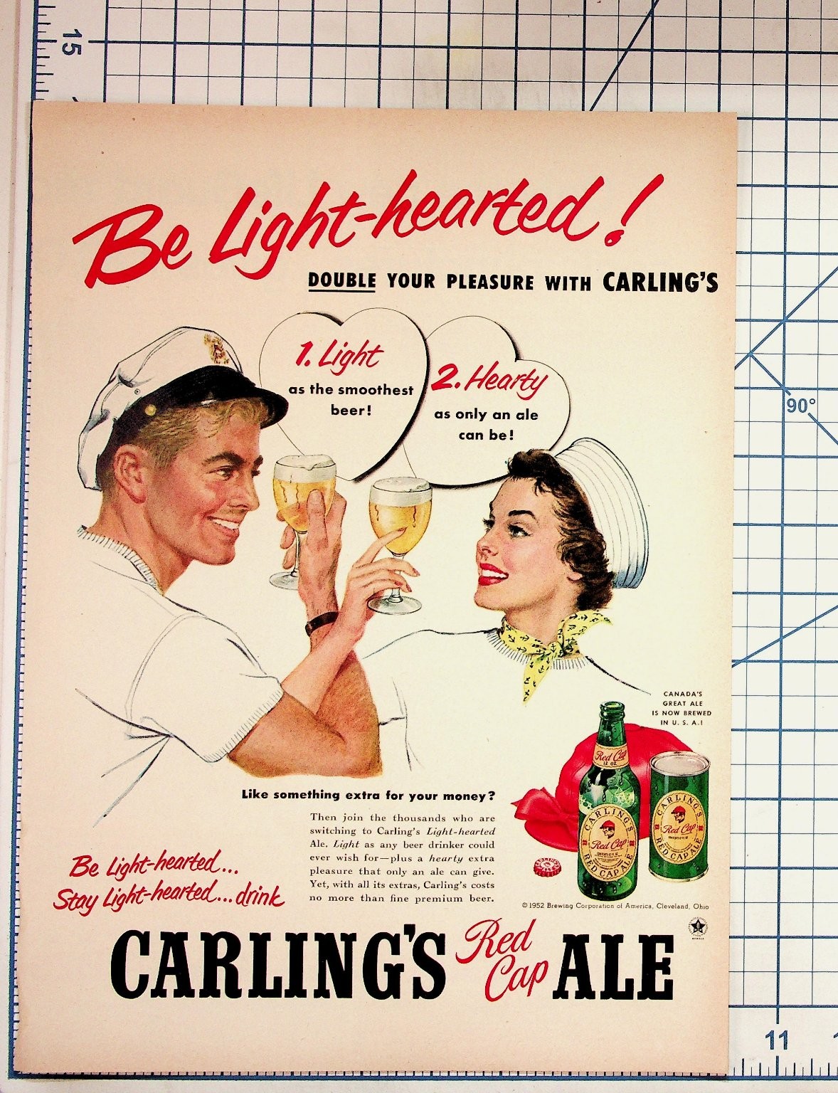 1952 Carling\'s Red Cap ALE Beer Vintage Magazine Ad Couple Toasting