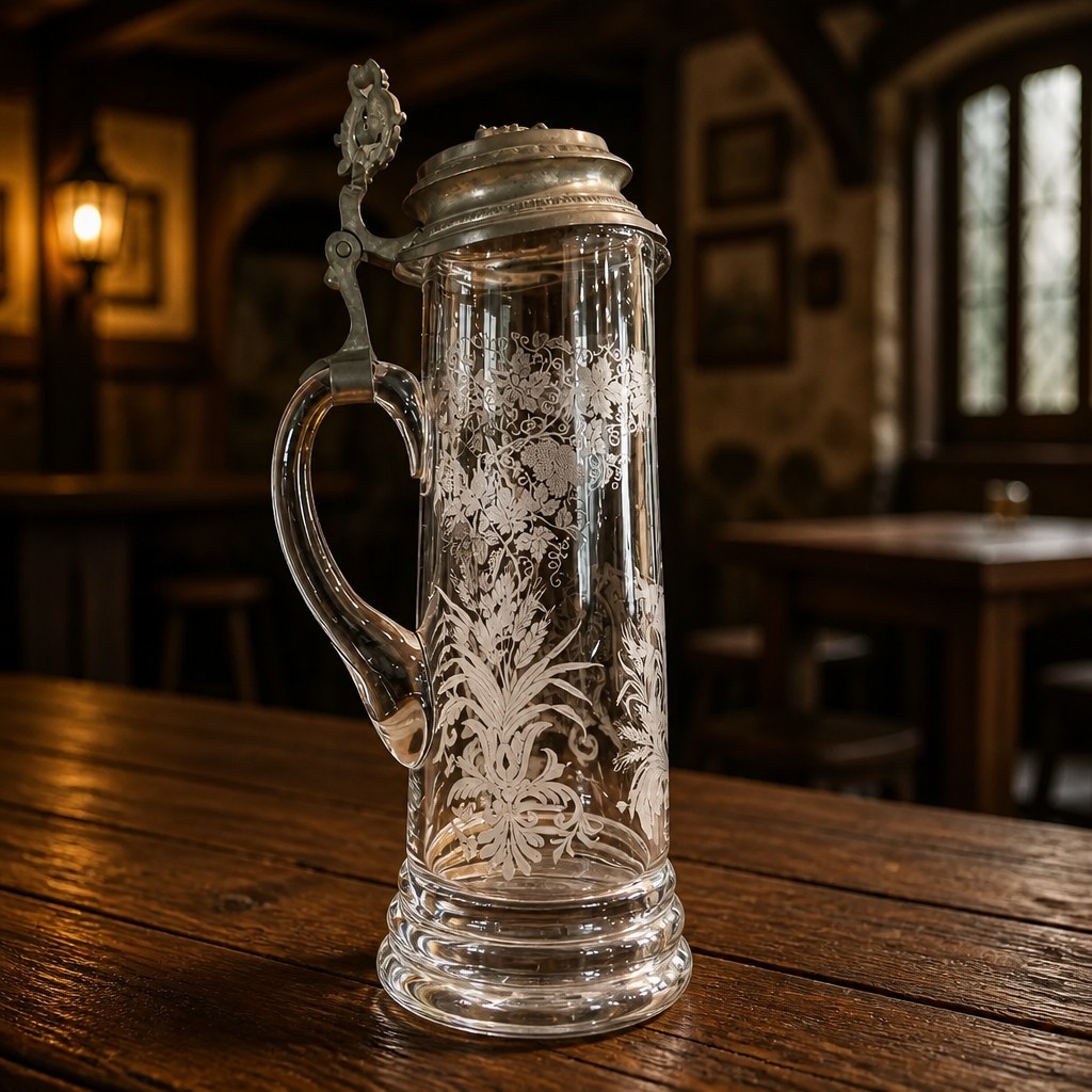 Rare 1890s Cut Crystal Beer Stein Pewter Lidded Pitcher W/ Frosted Engraving 12\
