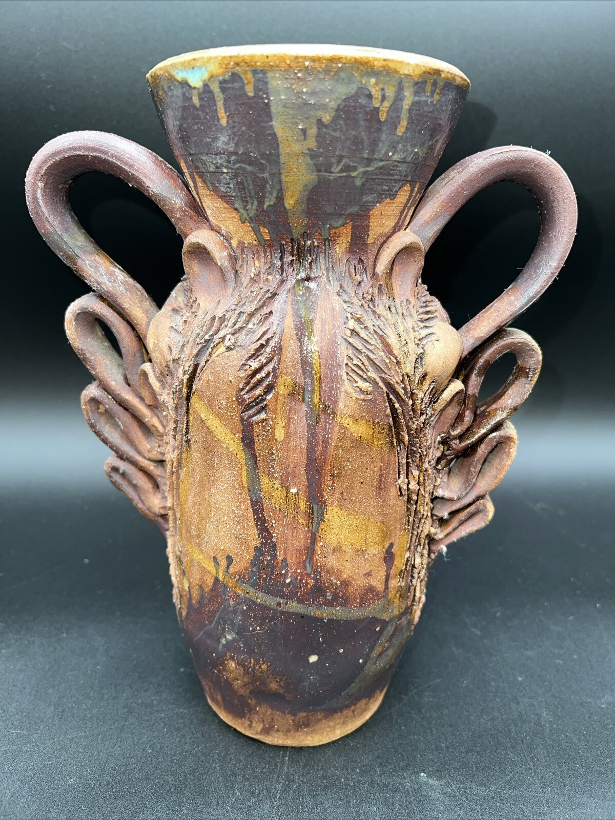 Vintage Handmade Vase Pottery Drip Glaze Art Nouveau Bronze Tone Signed 11\