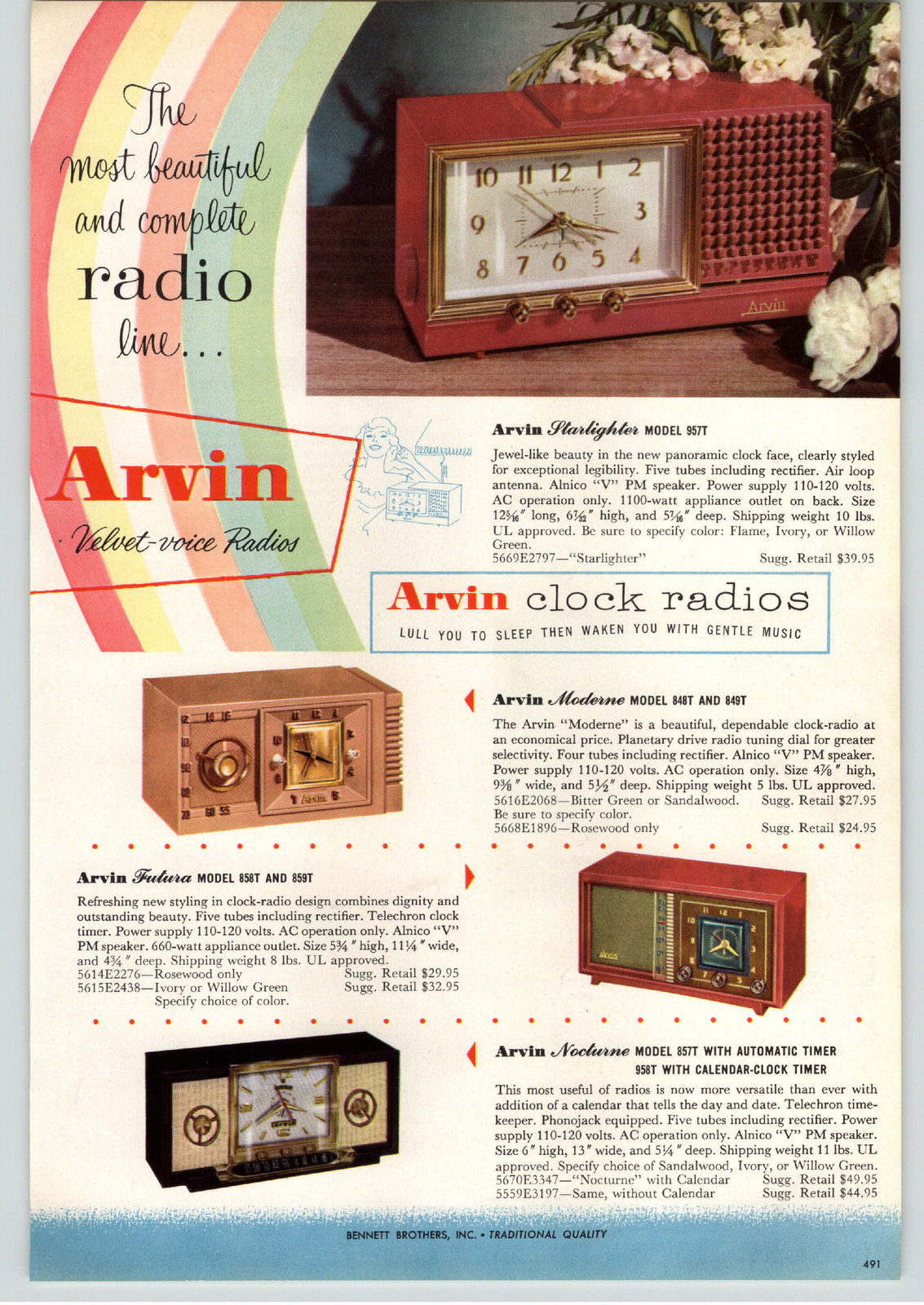 1956 PAPER AD 4 PG Arvin Table Radio Clock Rainbow COLOR Mid Century Modern