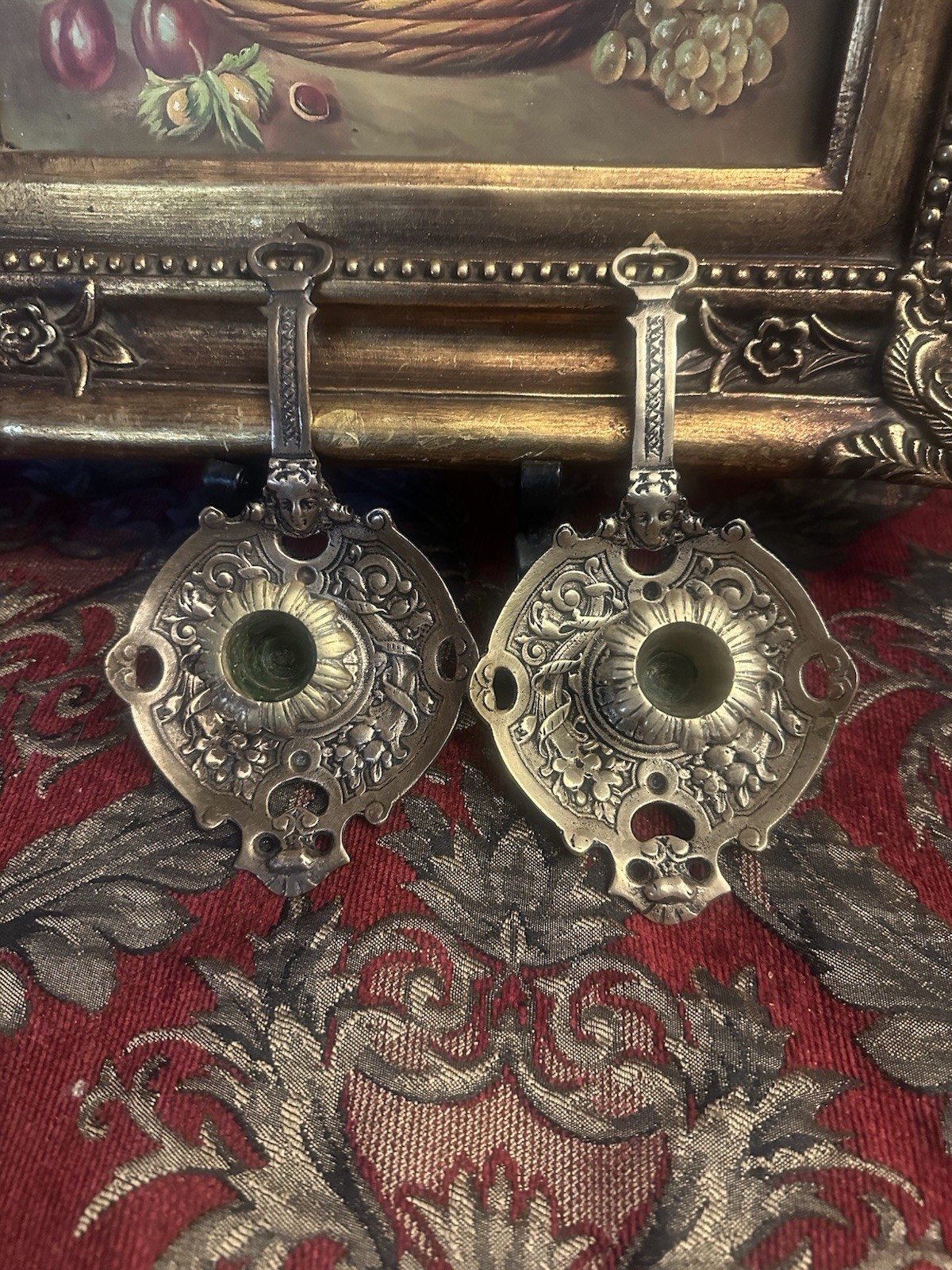 Antique BRASS CANDLE Holders w FACES Nouveau Euro Renaissance Revival Vintage