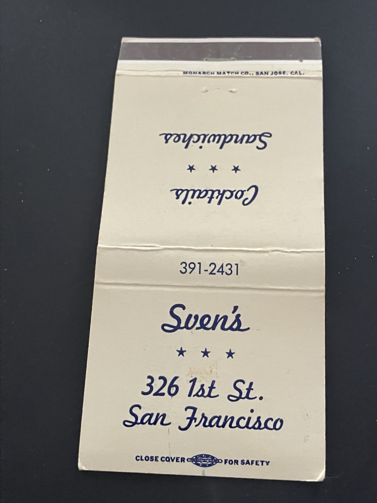 Vintage California Matchbook “Sven’s” San Francisco Vintage California Matchbook “Sven’s” San Francisco