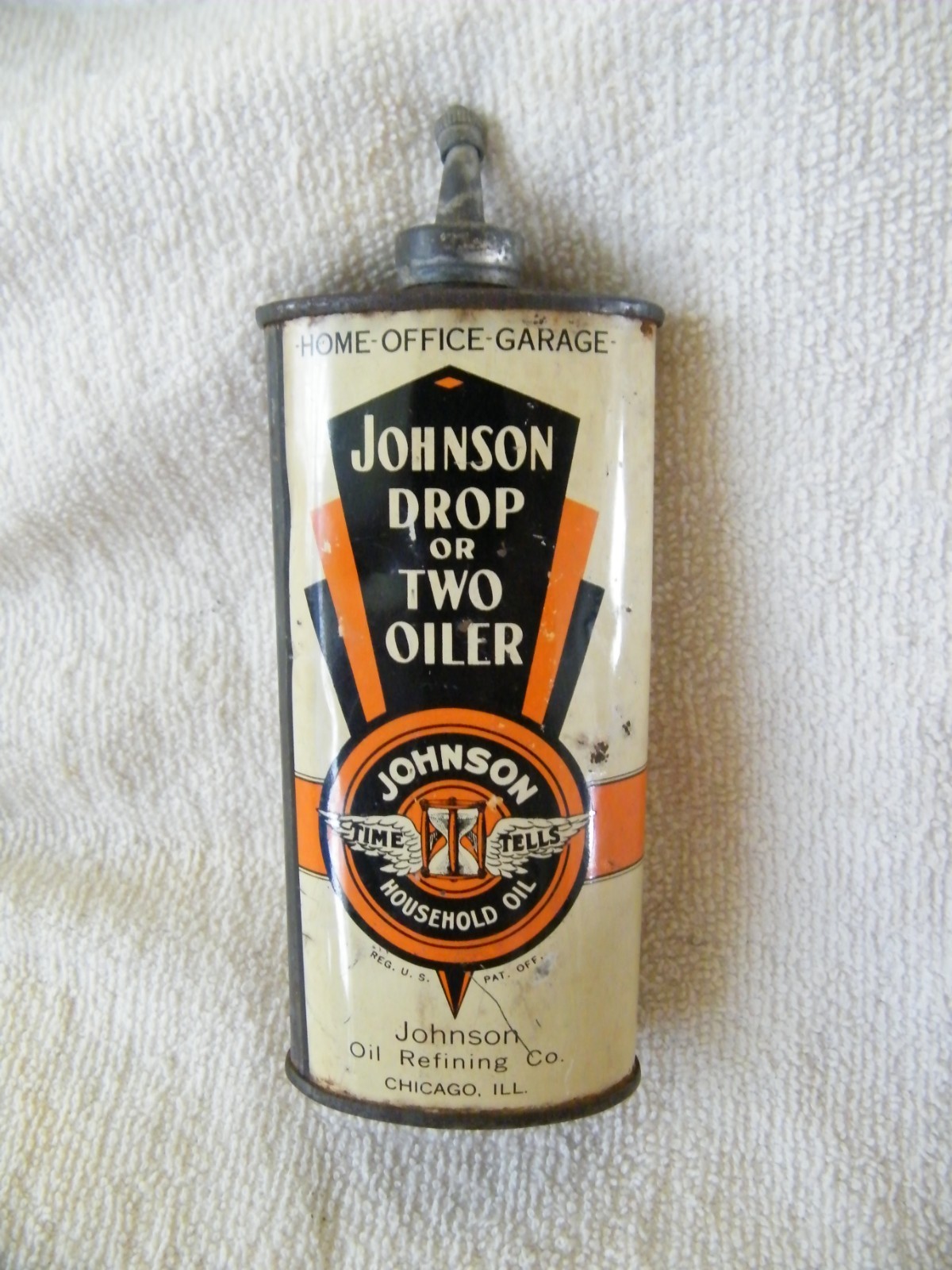 Rare Vintage Johnson Time Tells LEAD TOP 25c Price Household Oil Can Handy Oiler
