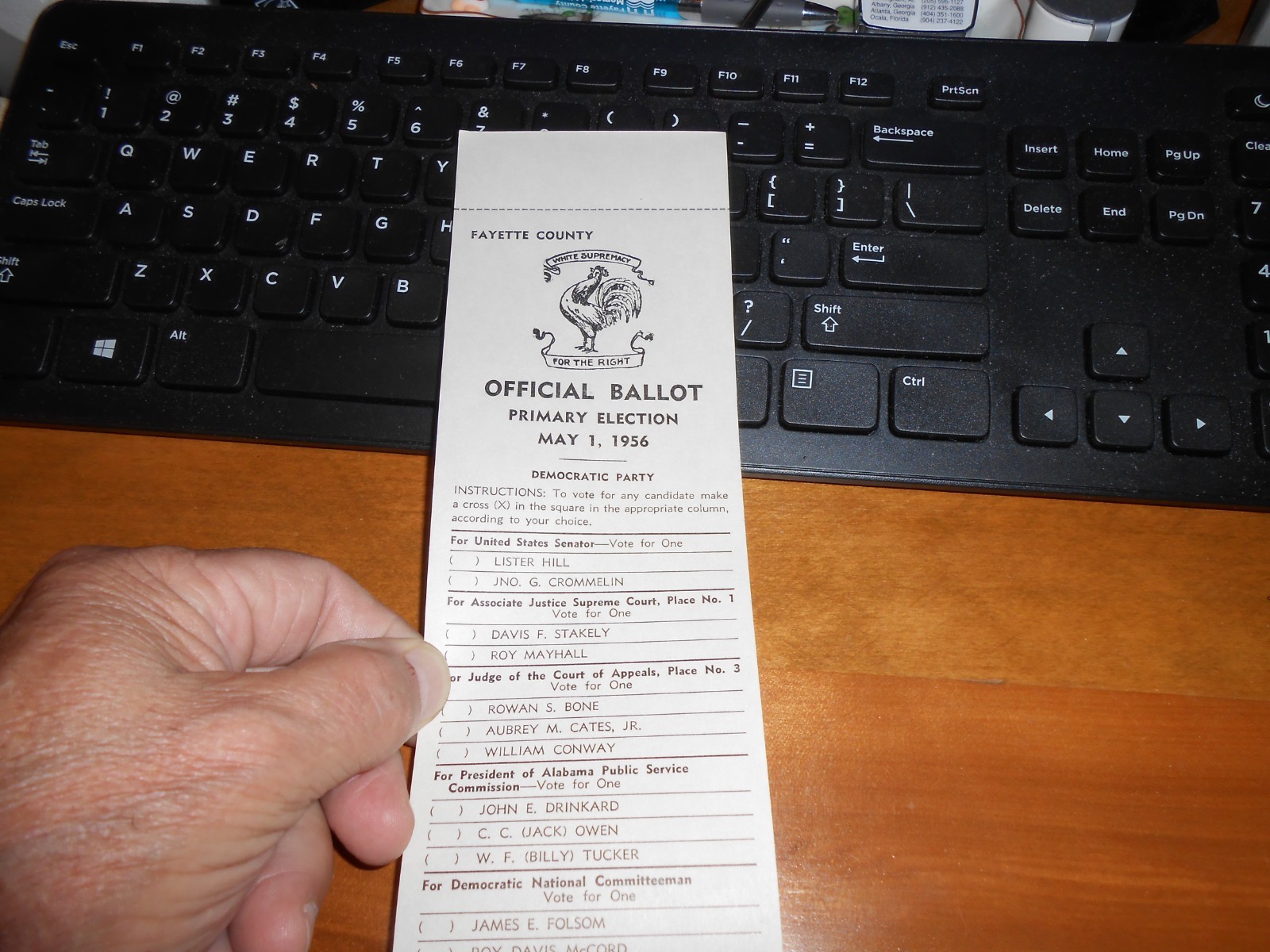 Original 1956 Fayette County Alabama Vote  Democratic Ballot For The Right