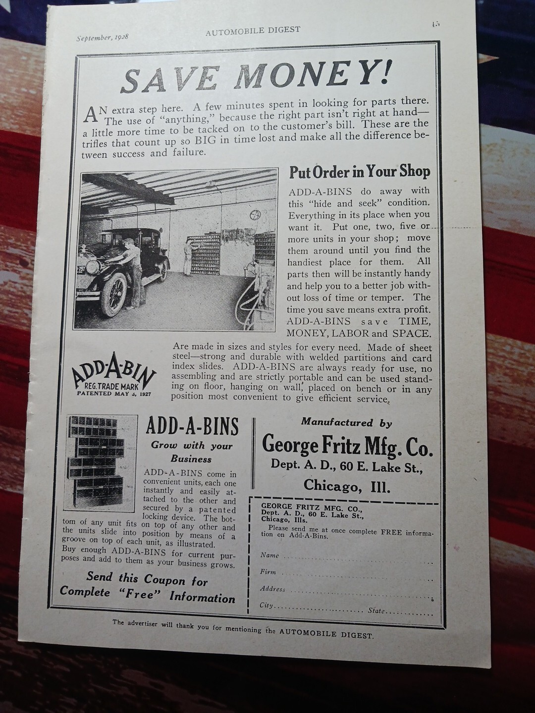 1928 Print Ad George Fritz Manufacturing Chicago IL ADD A BIN For Auto Garage