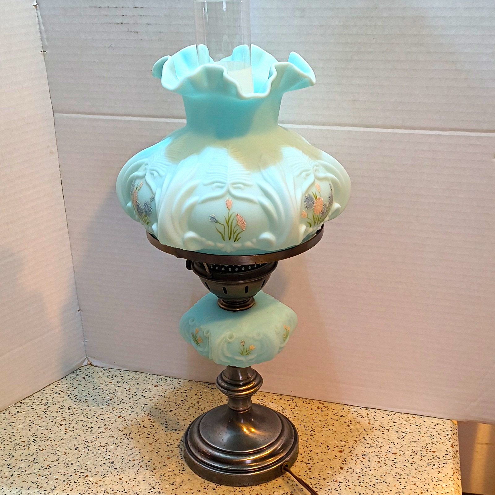 Vtg Fenton Parlor Lamp Frosted Asters on Blue Satin Hand Painted Signed 20