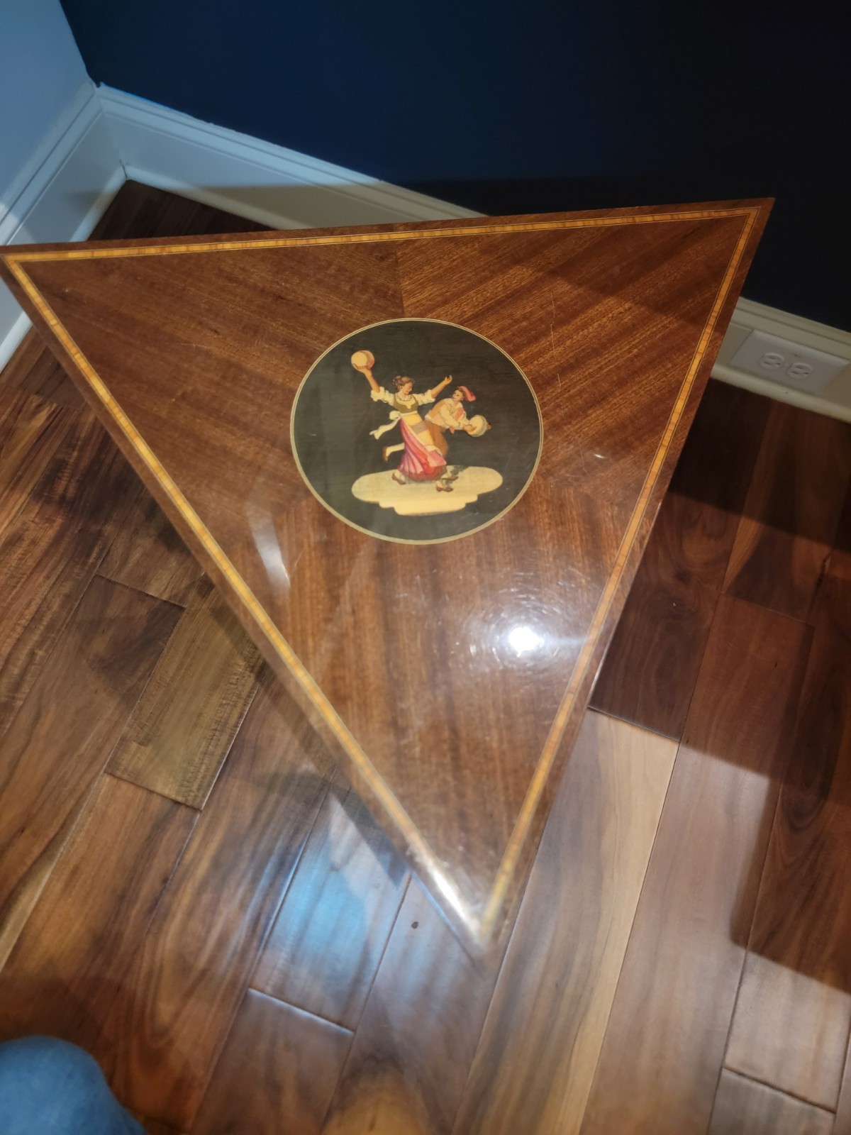 Vintage Italian Inlaid Triangular Music Box Table – 2 Dancers Painted