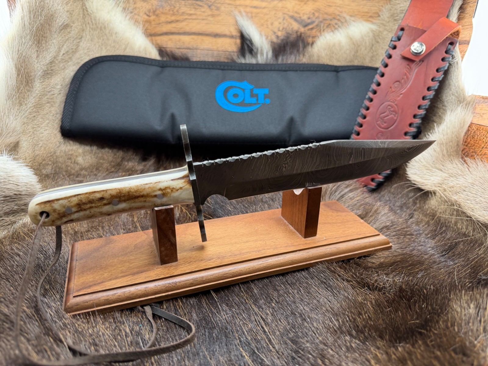 Sam Colt Knife Bowie Knife With Stag Handle & Leather Sheath Mint In Pouch C10