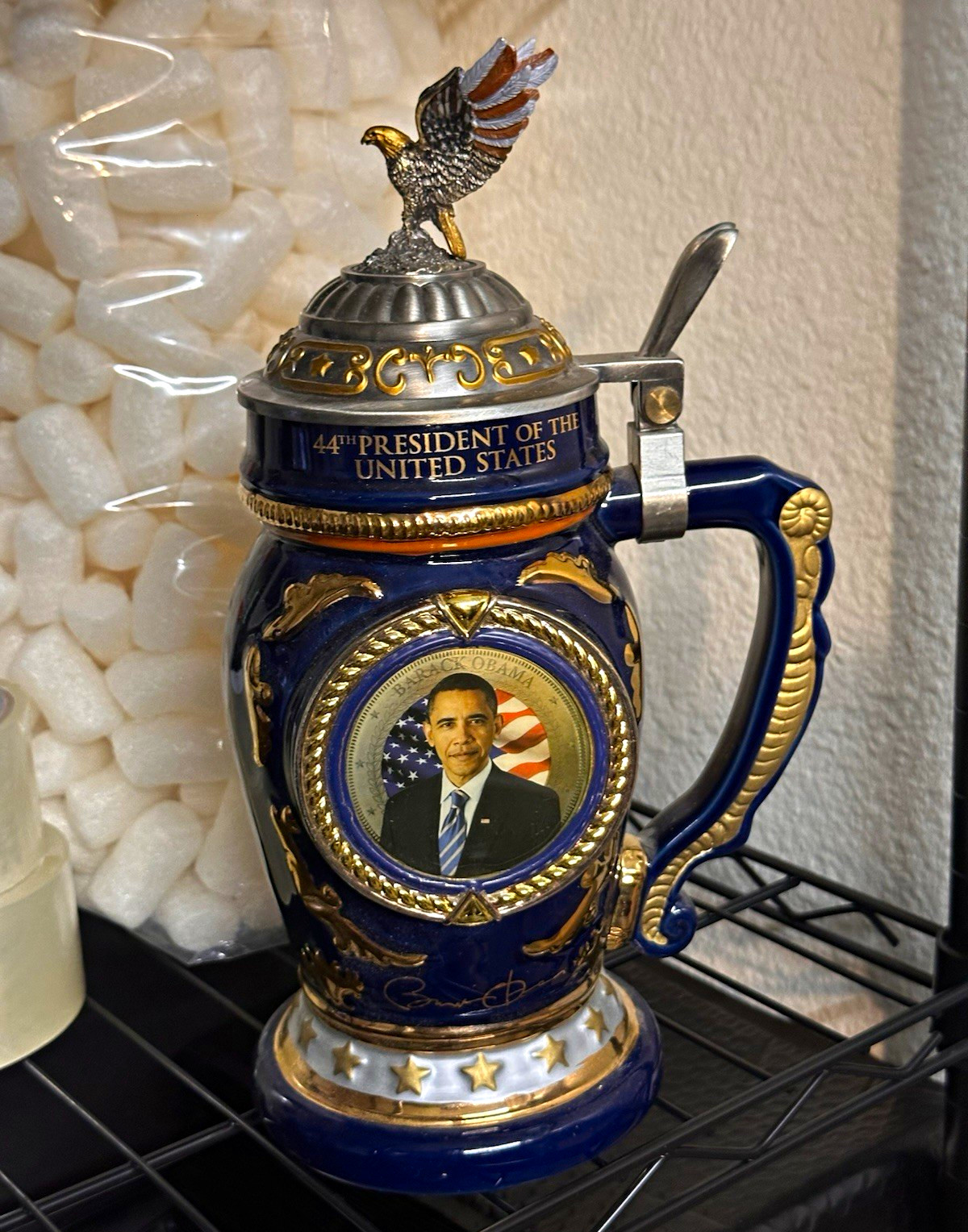 Barack Obama 44th President Ceramic Lidded Stein Mug w/ Eagle Lid & Quote