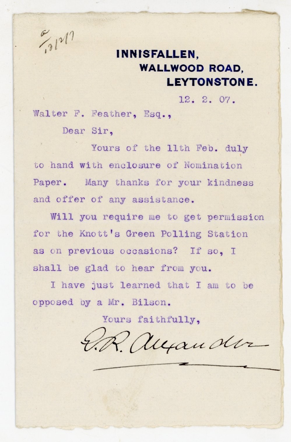 1907 Leytonstone London Political Letter Knott’s Green Signed poll ER Alexander
